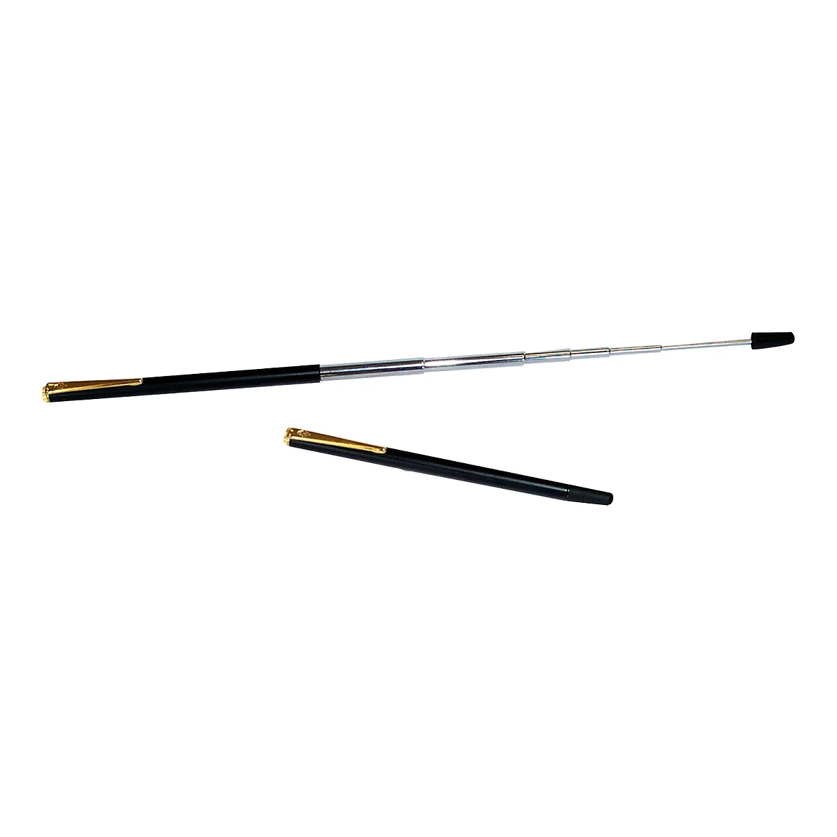 Ein ausziehbarer Teleskop-Zeigestab in Schwarz mit Goldclip, daneben ein zweiter, geschlossener Stab.