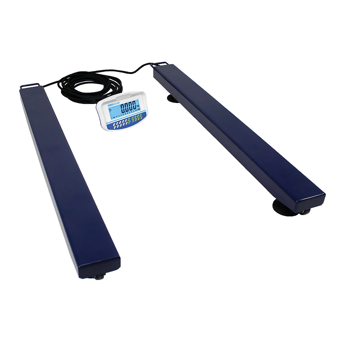 Weegschaal met twee blauwe weegplateaus, een display en een kabel. De display toont 0.0000.
