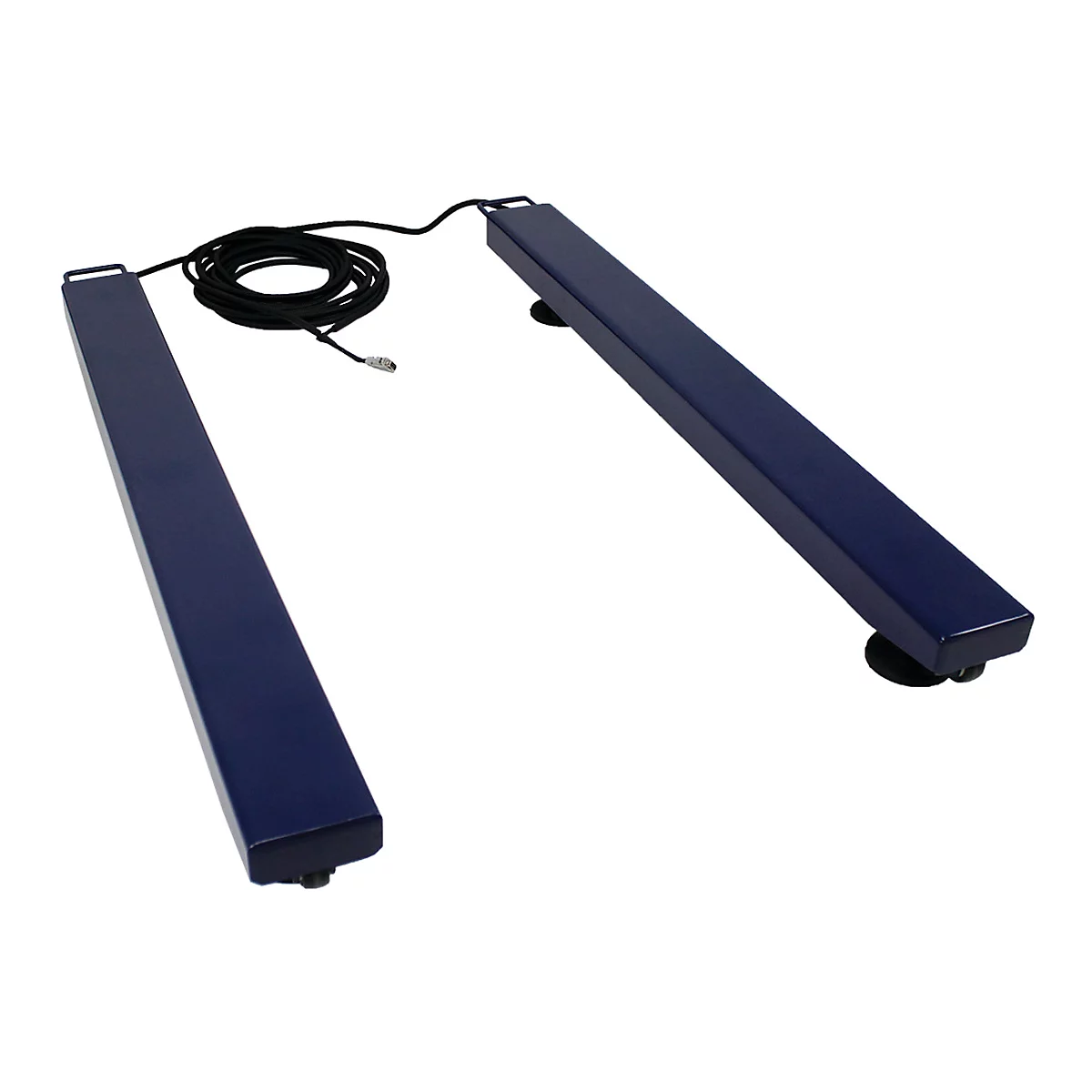 Twee blauwe weegschaalelementen met kabel. De elementen staan op zwarte voeten.