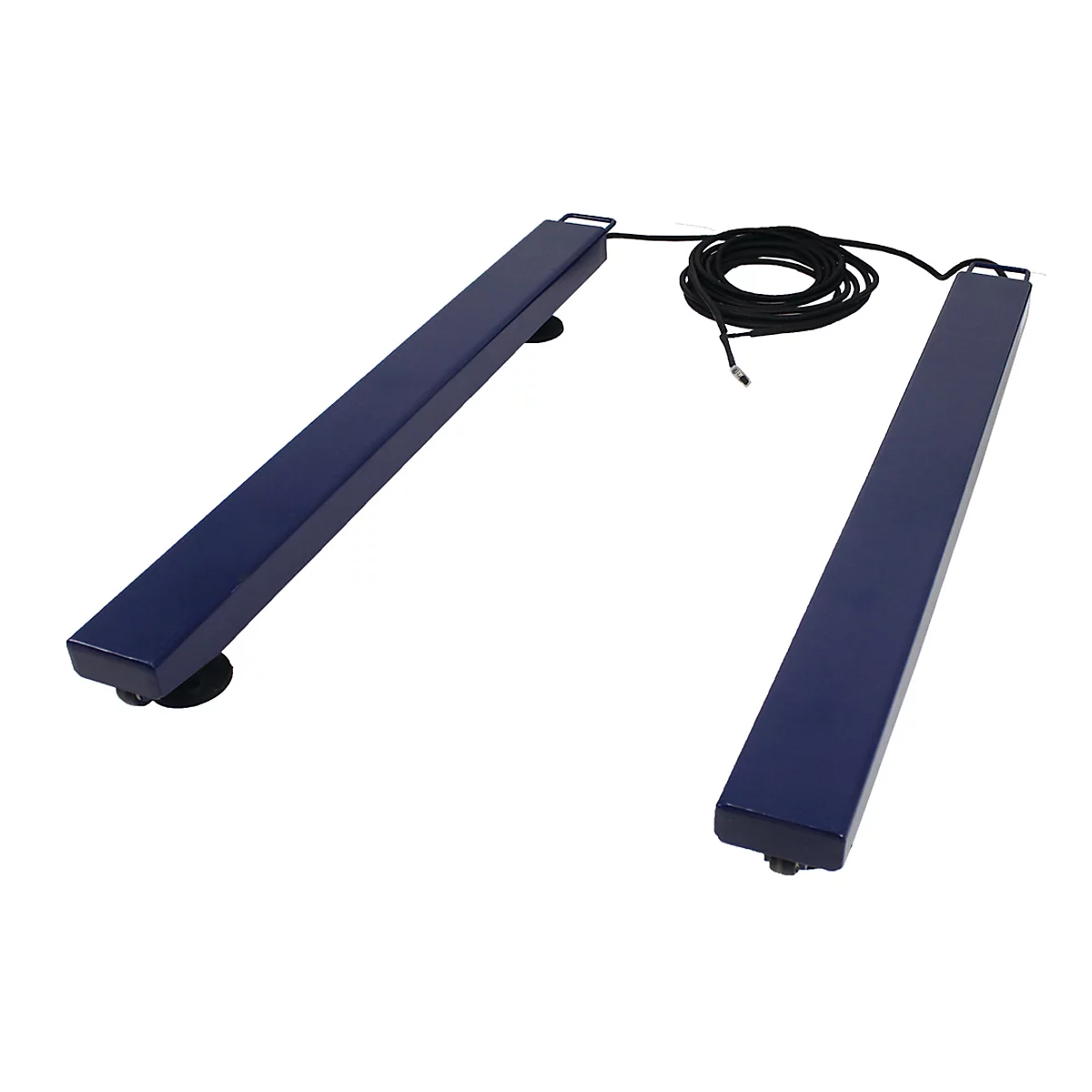 Twee blauwe weegplaten met kabelaansluiting.