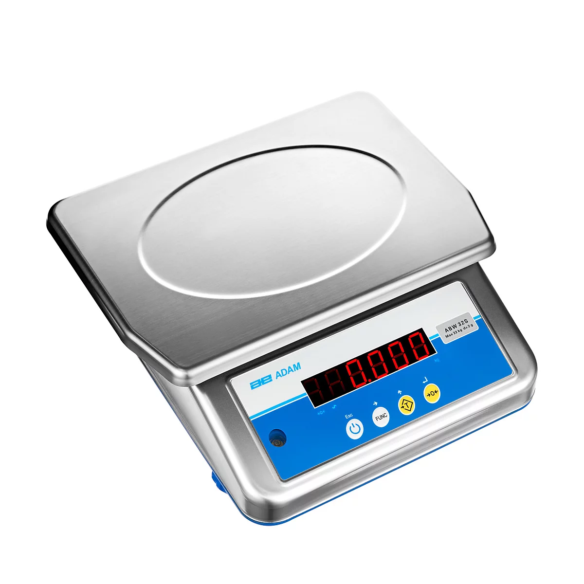 Digitale metalen weegschaal met blauw bedieningspaneel en rode display. Een rond weegoppervlak aan de bovenkant. De merknaam is zichtbaar.