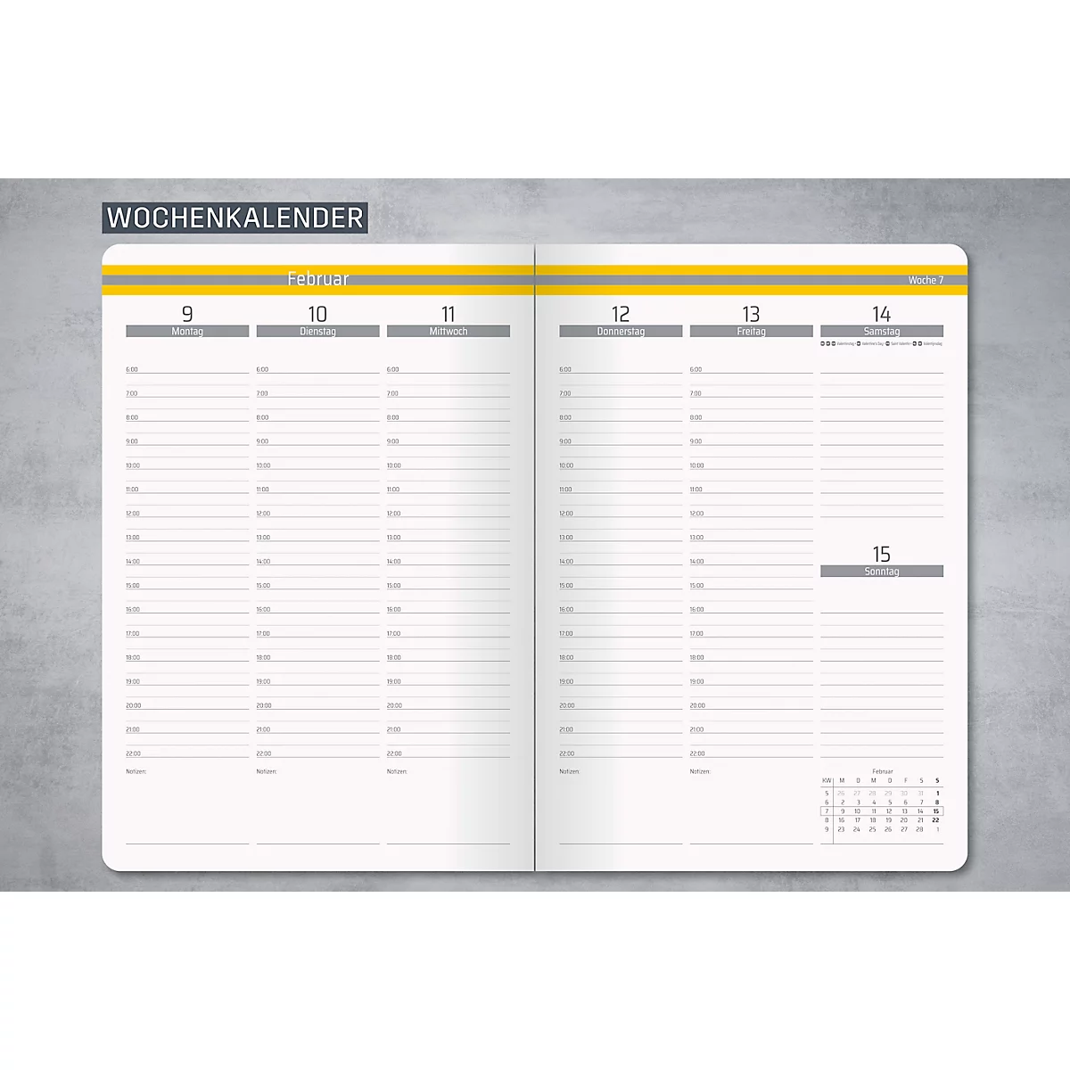 Open weekkalender met afspraken, grijze achtergrond en gele markeringen.