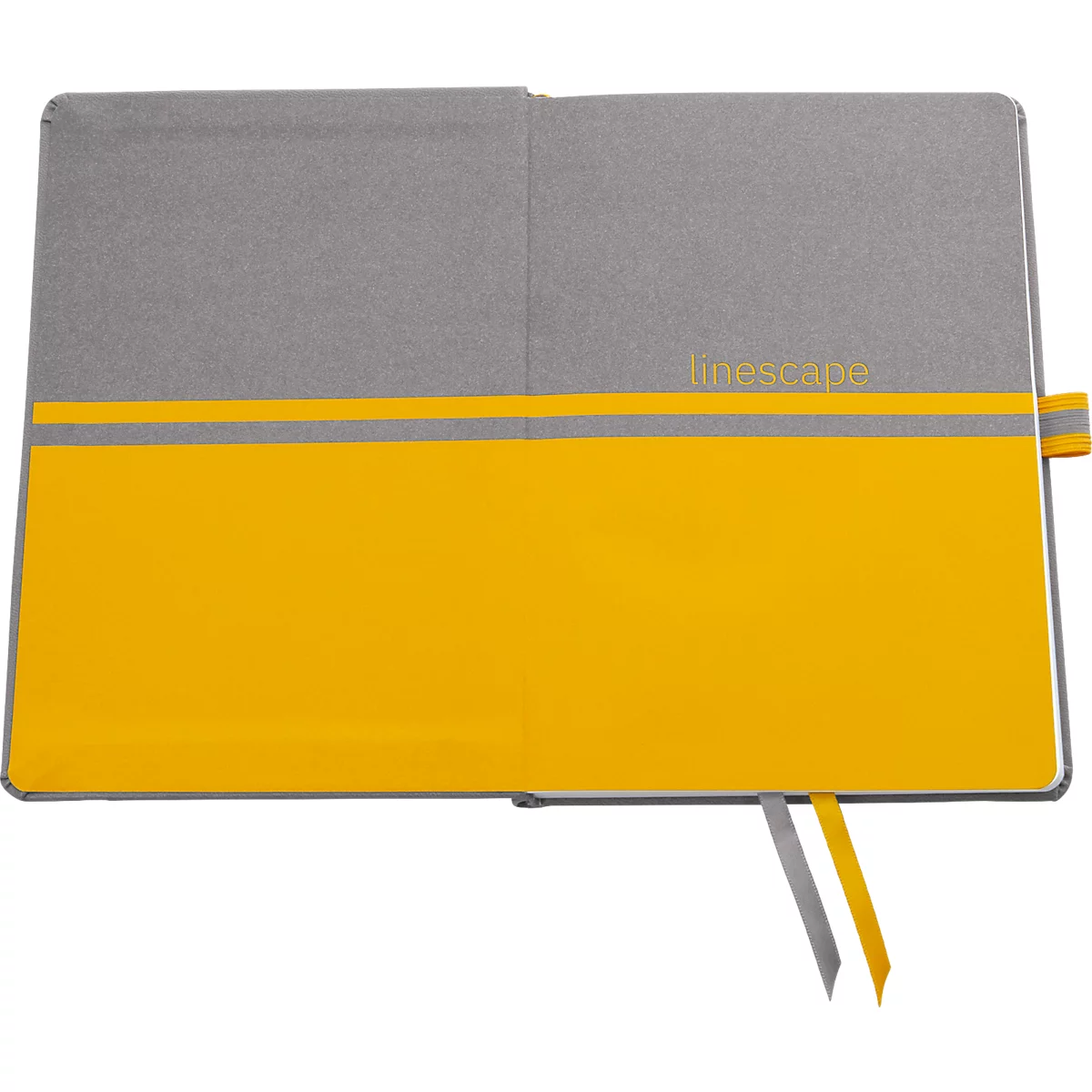 Grijs notitieboek met gele streep en bijpassende kleurmarkeringen. Opschrift 'linescape'.