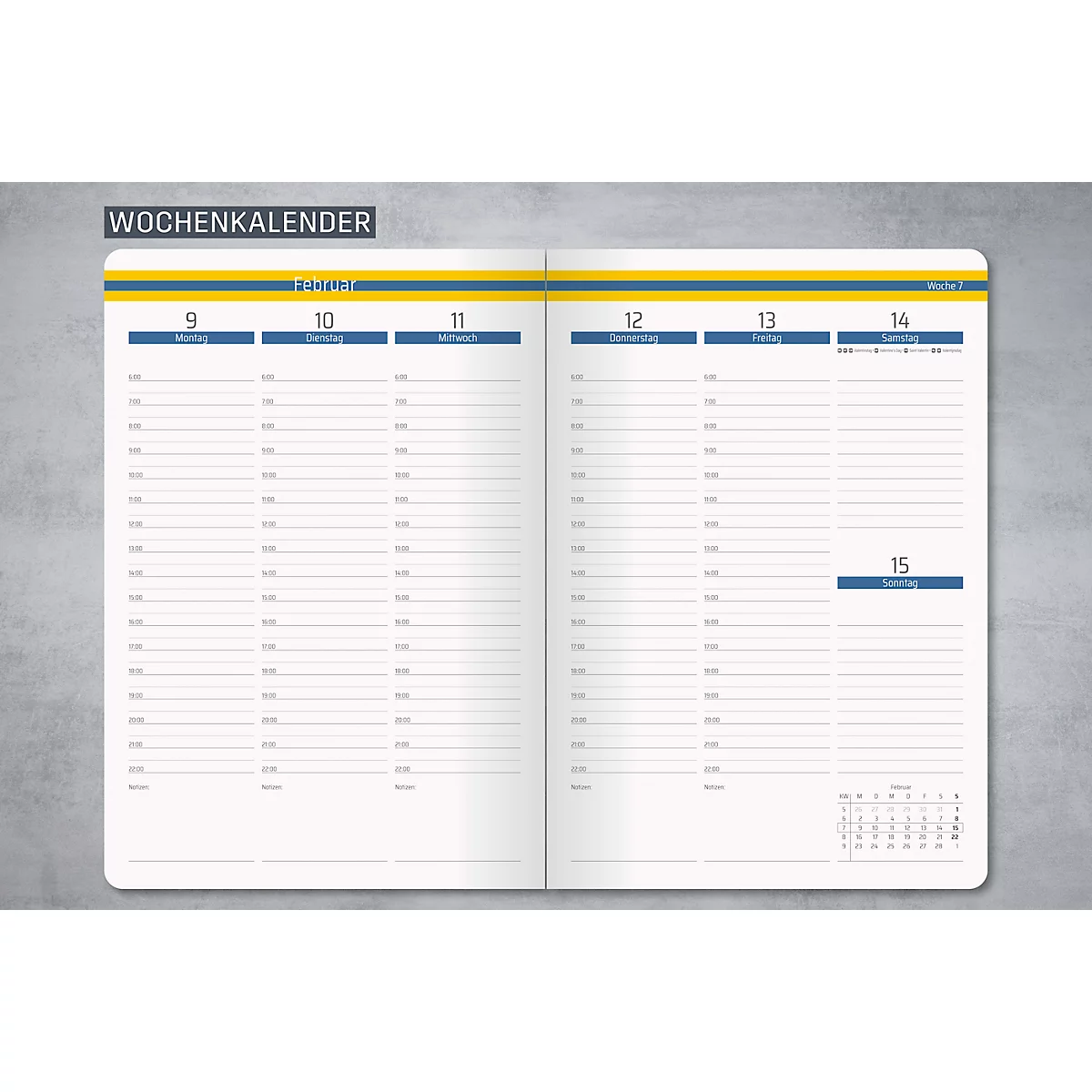 Geopende weekkalender, met dagen van 9 tot 15 februari. Blauwe en gele accenten benadrukken de datums en koppen.