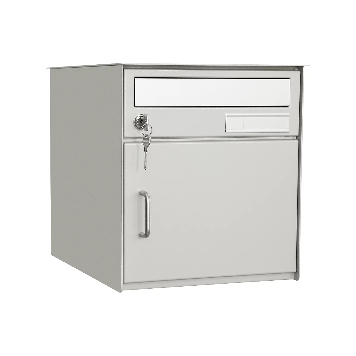 Gray metal mailbox with lock and door. The key is in the lock.