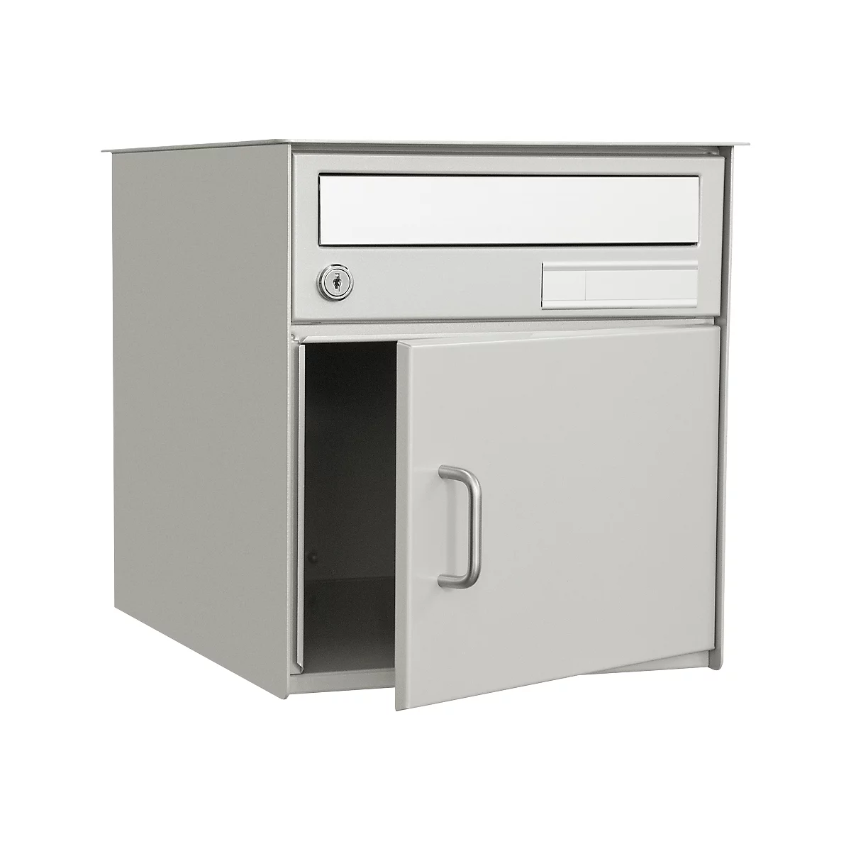 A gray mailbox, the bottom door is open. Above is a slot and a nameplate.