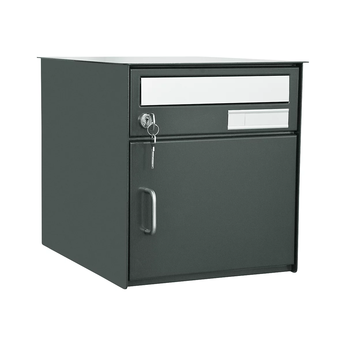 Dark gray mailbox, an opening slot at the top, and a lockable door with a handle at the bottom.