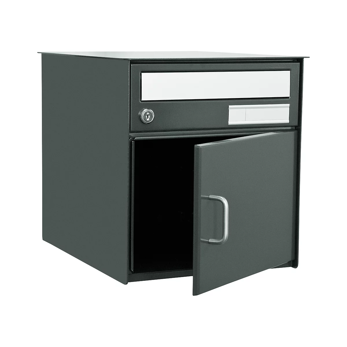 Dark gray mailbox, open door. Top slot, door with handle below. Key lock visible.
