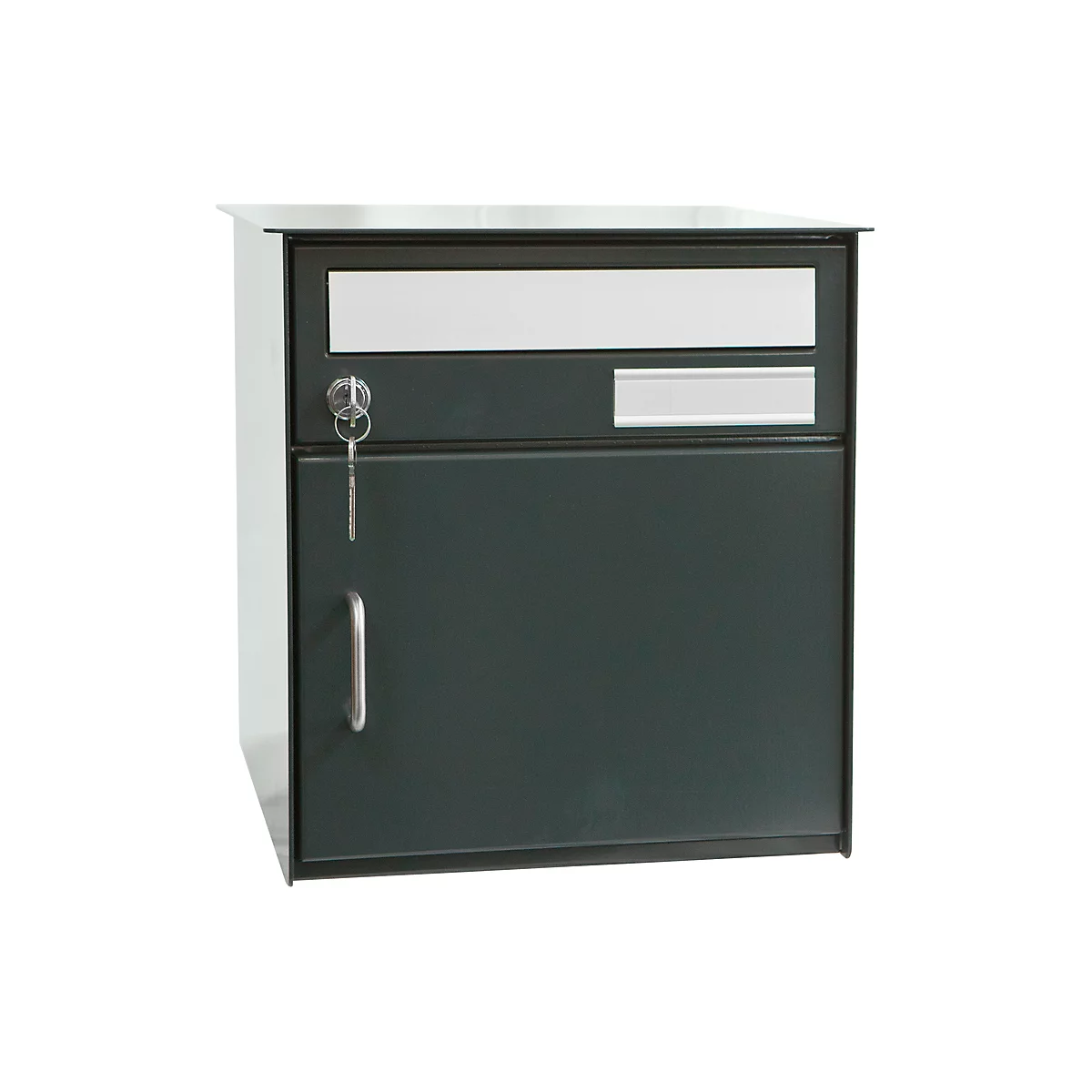 Dark gray mailbox with slot and door. Key in lock, stainless steel handle.
