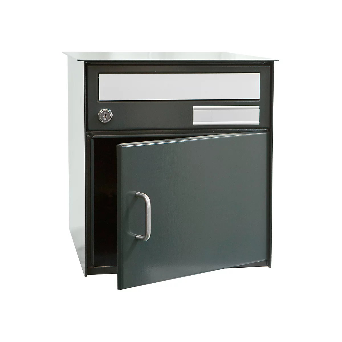 Gray, angular mailbox with open door. Top slot, below a nameplate.