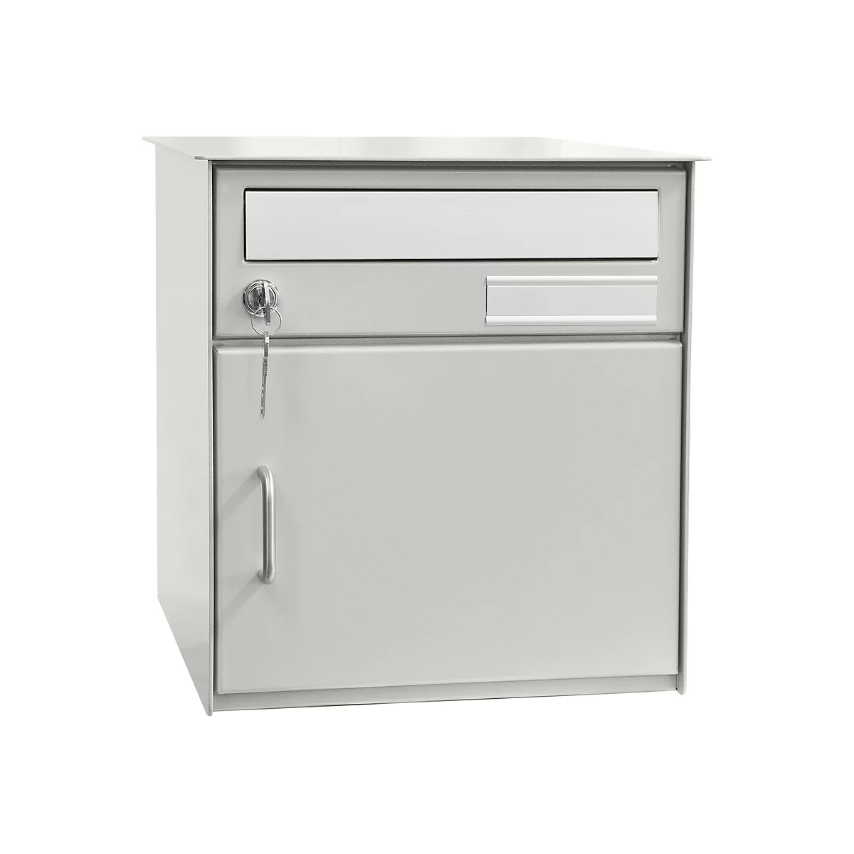 Grey metal mailbox with lock, key and door. Top slot, nameplate below.