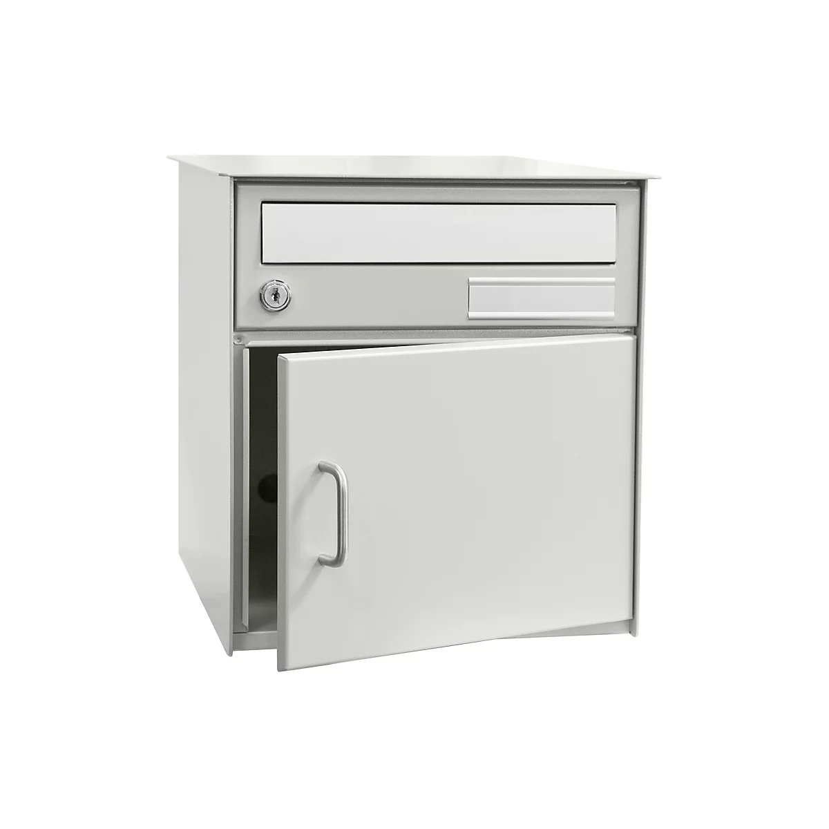 Light gray mailbox, door open. Upper flap for mail, below a door with handle.