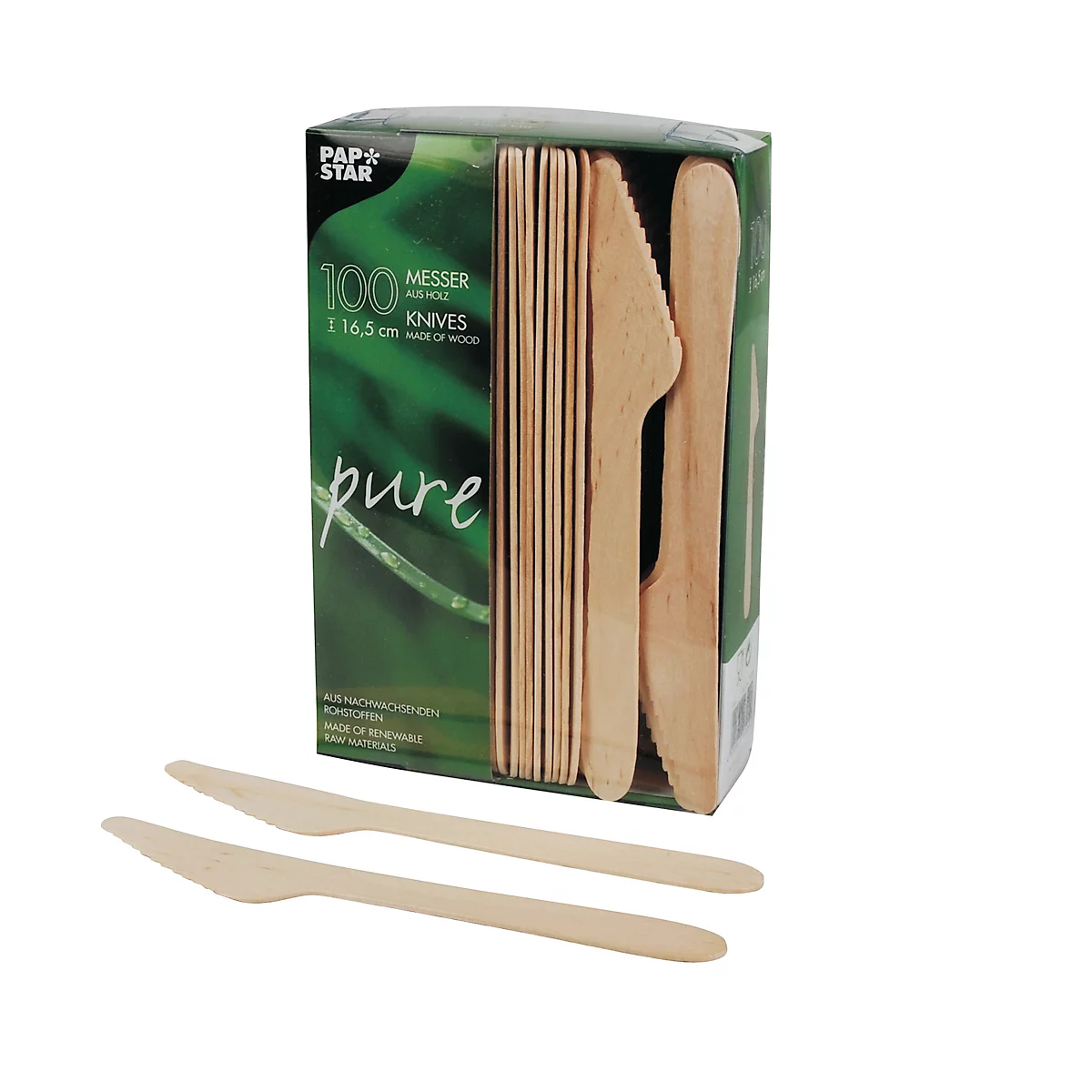 Wegwerpbestek Papstar Pure, mes, L 165 mm, biologisch afbreekbaar, gemaakt van FSC®-gecertificeerd berkenhout, lichtbruin, 100 stuks