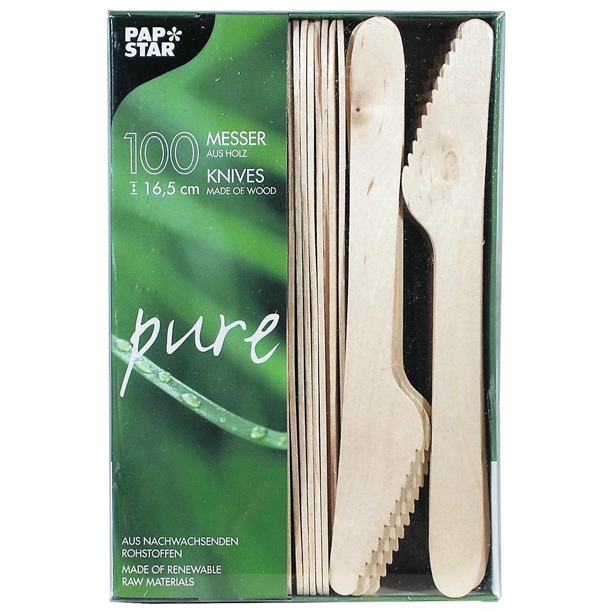 Wegwerpbestek Papstar Pure, mes, L 165 mm, biologisch afbreekbaar, gemaakt van FSC®-gecertificeerd berkenhout, lichtbruin, 100 stuks