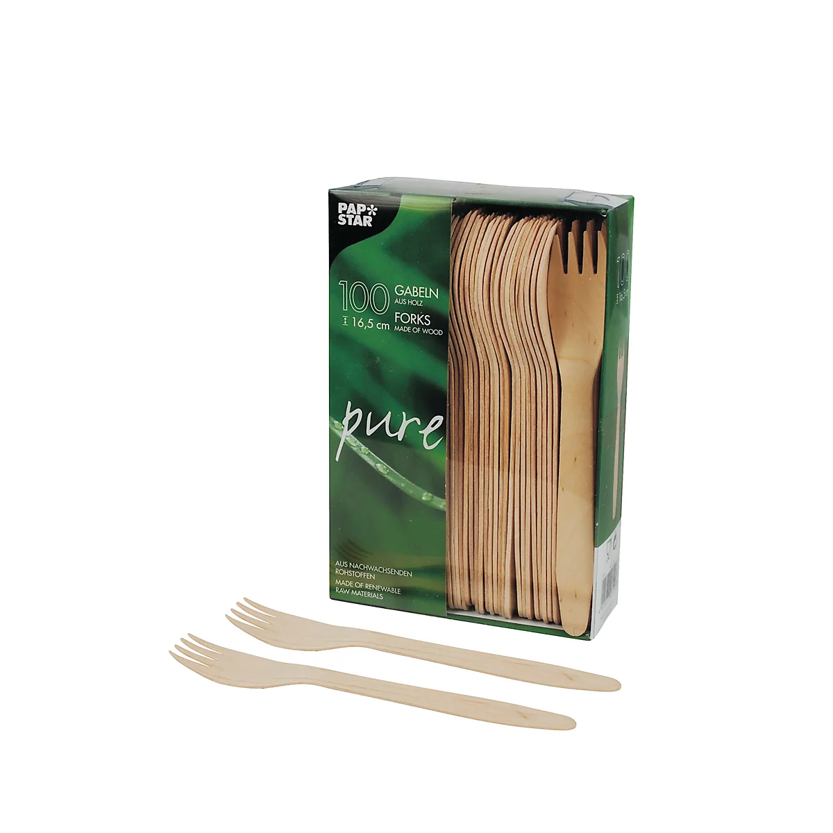 Wegwerpbestek Papstar Pure, vorken, L 165 mm, biologisch afbreekbaar, gemaakt van FSC®-gecertificeerd berkenhout, lichtbruin, 100 stuks