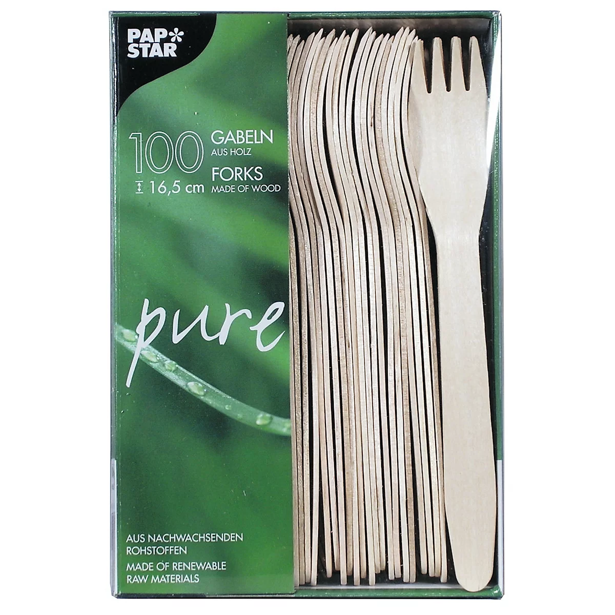 Wegwerpbestek Papstar Pure, vorken, L 165 mm, biologisch afbreekbaar, gemaakt van FSC®-gecertificeerd berkenhout, lichtbruin, 100 stuks