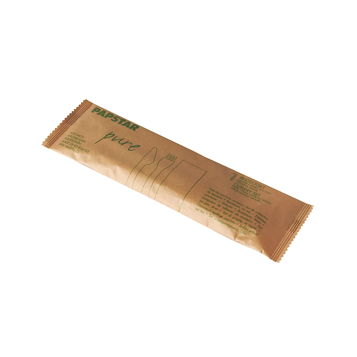 Wegwerpbestekset Papstar Pure, mes, vork &amp; servet, biologisch afbreekbaar, FSC®-gecertificeerd berkenhout, 50 stuks in papieren zakje