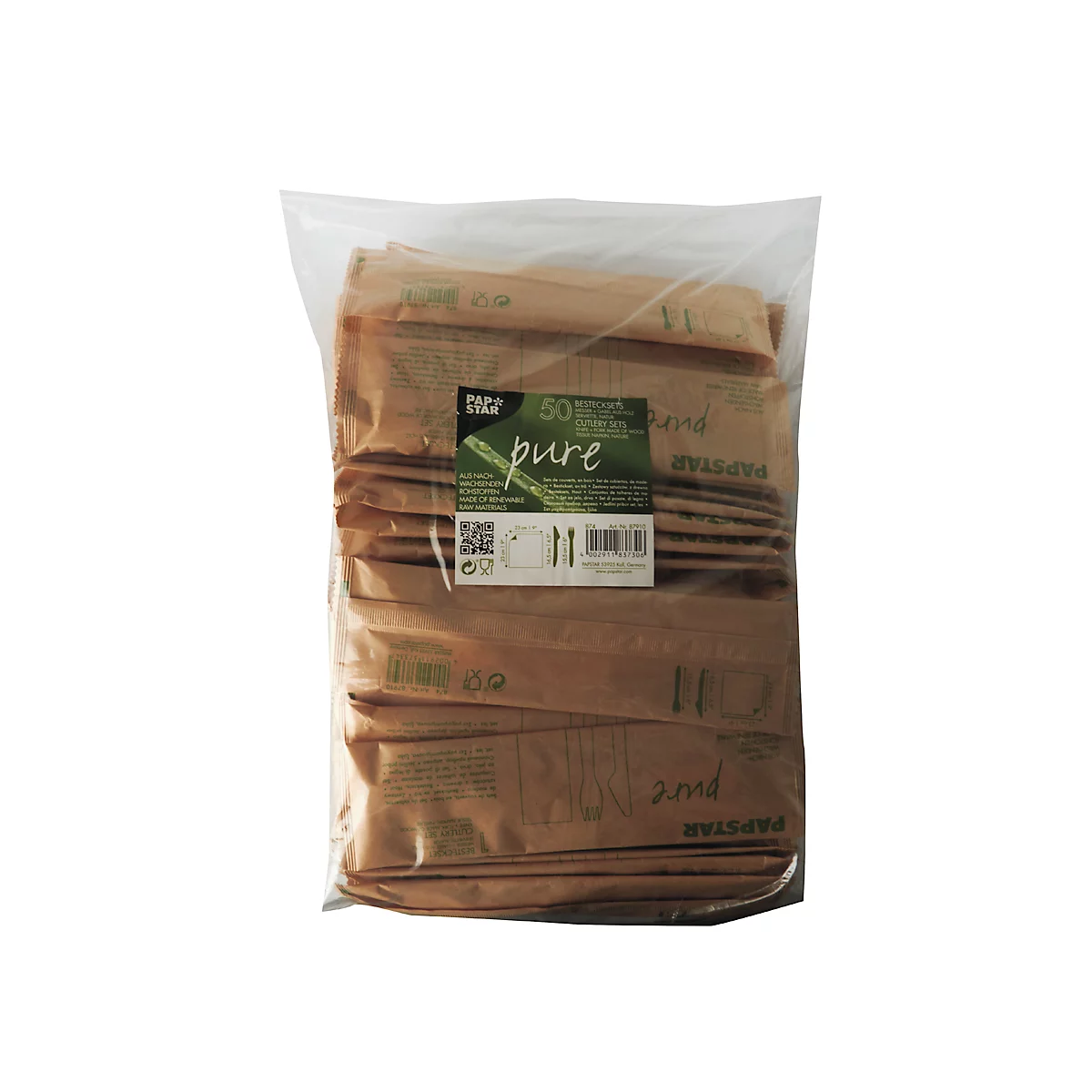 Wegwerpbestekset Papstar Pure, mes, vork &amp; servet, biologisch afbreekbaar, FSC®-gecertificeerd berkenhout, 50 stuks in papieren zakje