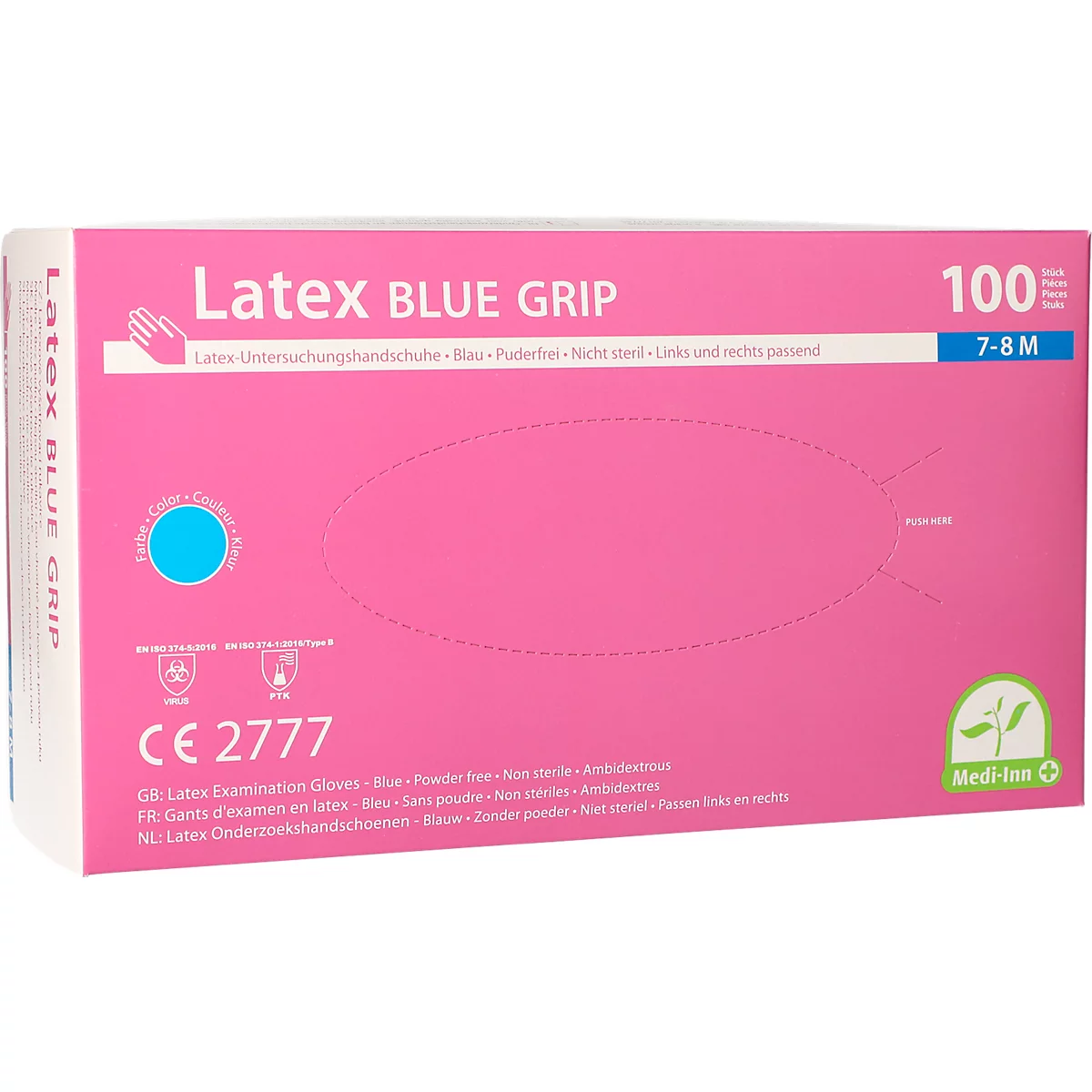 Wegwerphandschoenen Medi-Inn® PS Latex Blue Grip, voor links/rechts, poedervrij, niet-steriel, geschikt voor voeding, maat M, natuurlatex, blauw, 100 stuks