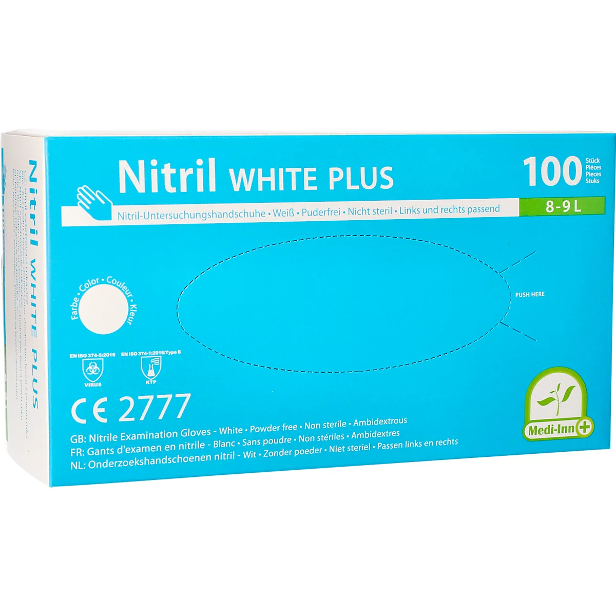 Wegwerphandschoenen Medi-Inn® PS Nitril White Plus, voor links/rechts, poedervrij, niet-steriel, geschikt voor mensen met een allergie, maat L, nitril, wit, 100 stuks