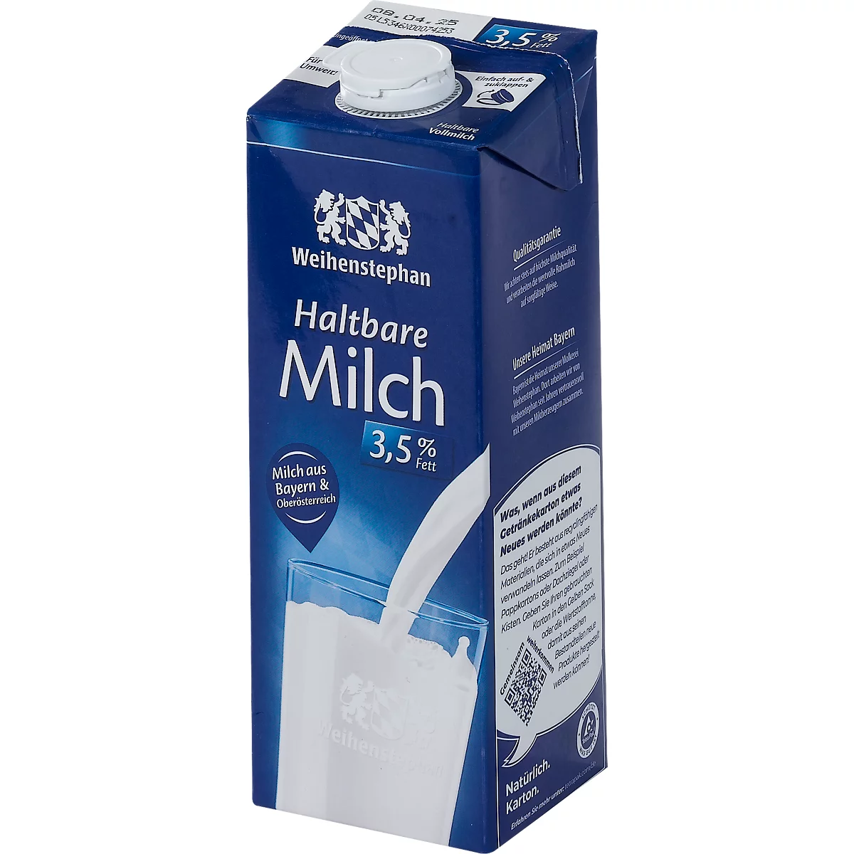 Weihenstephan H-Vollmilch, Fettgehalt 3,5 %, homogenisiert, ultrahocherhitzt, 12 x 1 l