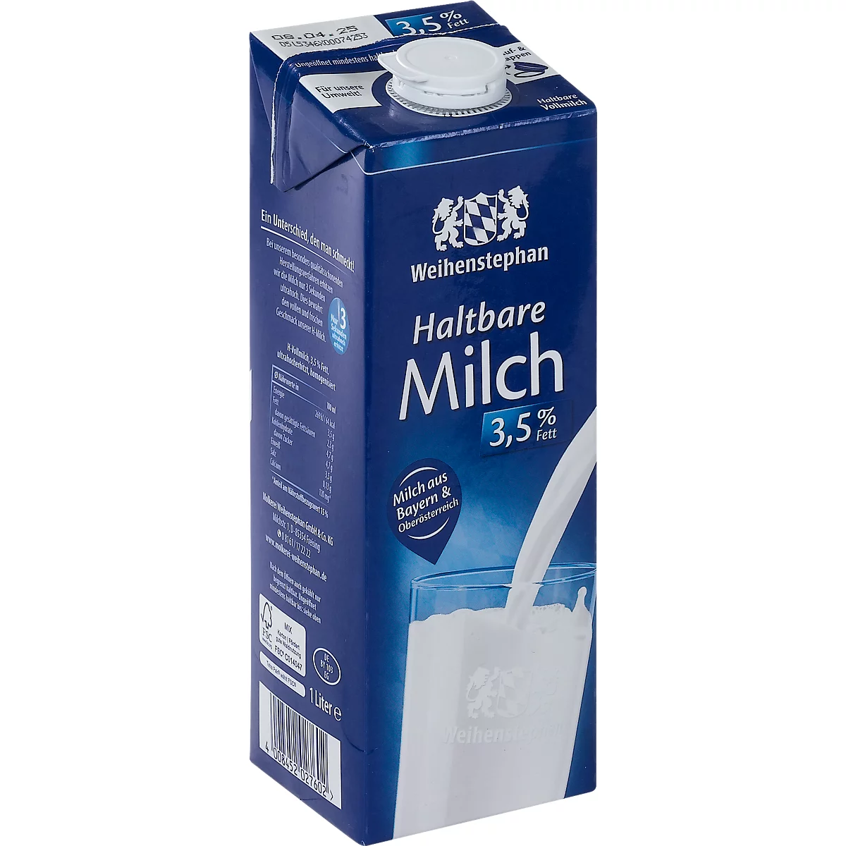 Weihenstephan H-Vollmilch, Fettgehalt 3,5 %, homogenisiert, ultrahocherhitzt, 12 x 1 l