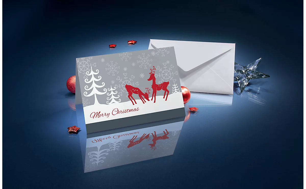 Weihnachtskarte Sigel „Red Deer“, A6, mit Umschlägen, Glanzkarton, grau-rot, 25 Stück