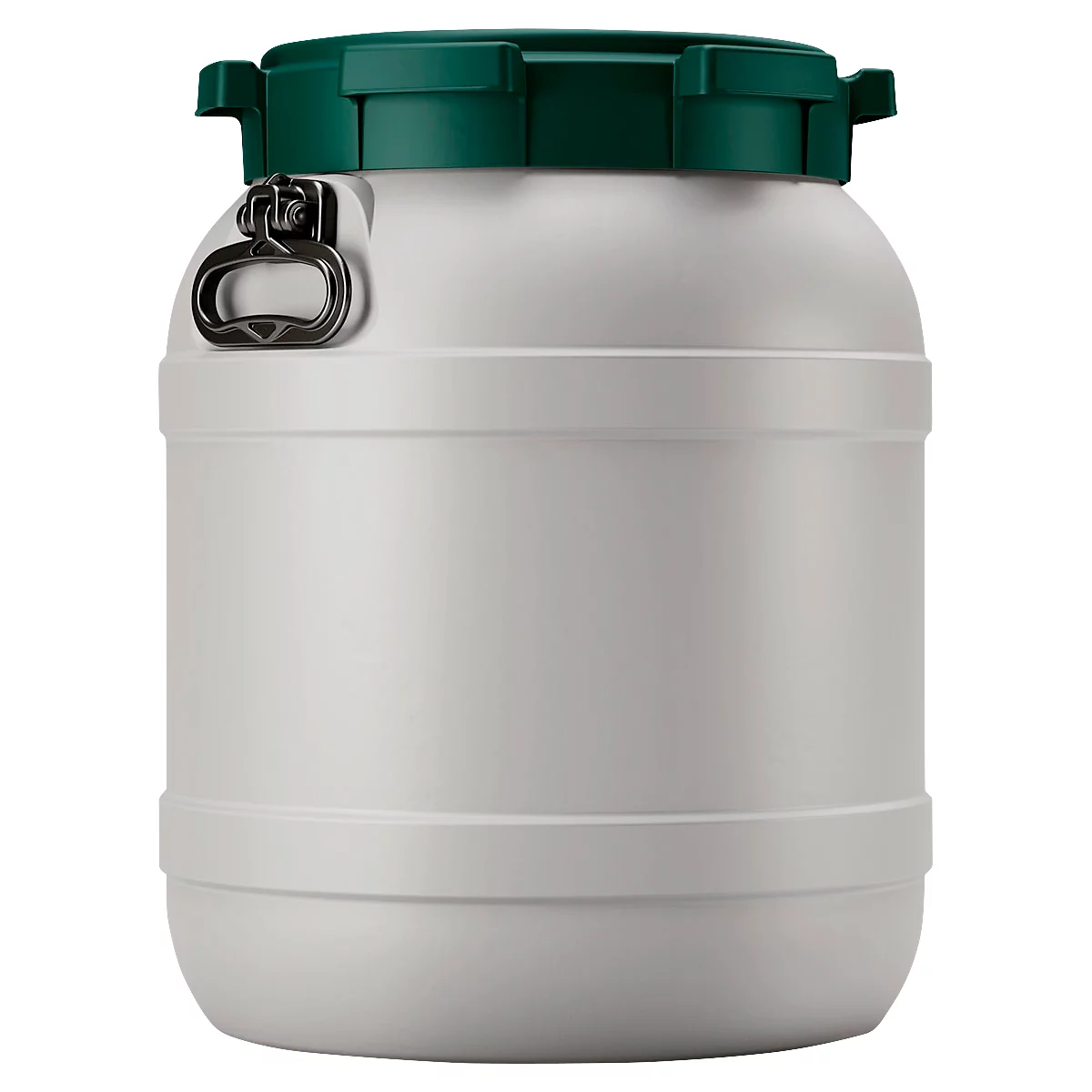 Weithalsfass, Volumen 55 l, mit Deckel/Griff, mit UN-Zertifizierung, wasserdicht, stapelbar, L 410 x B 410 x H 520 mm, R-HDPE, grau-grün