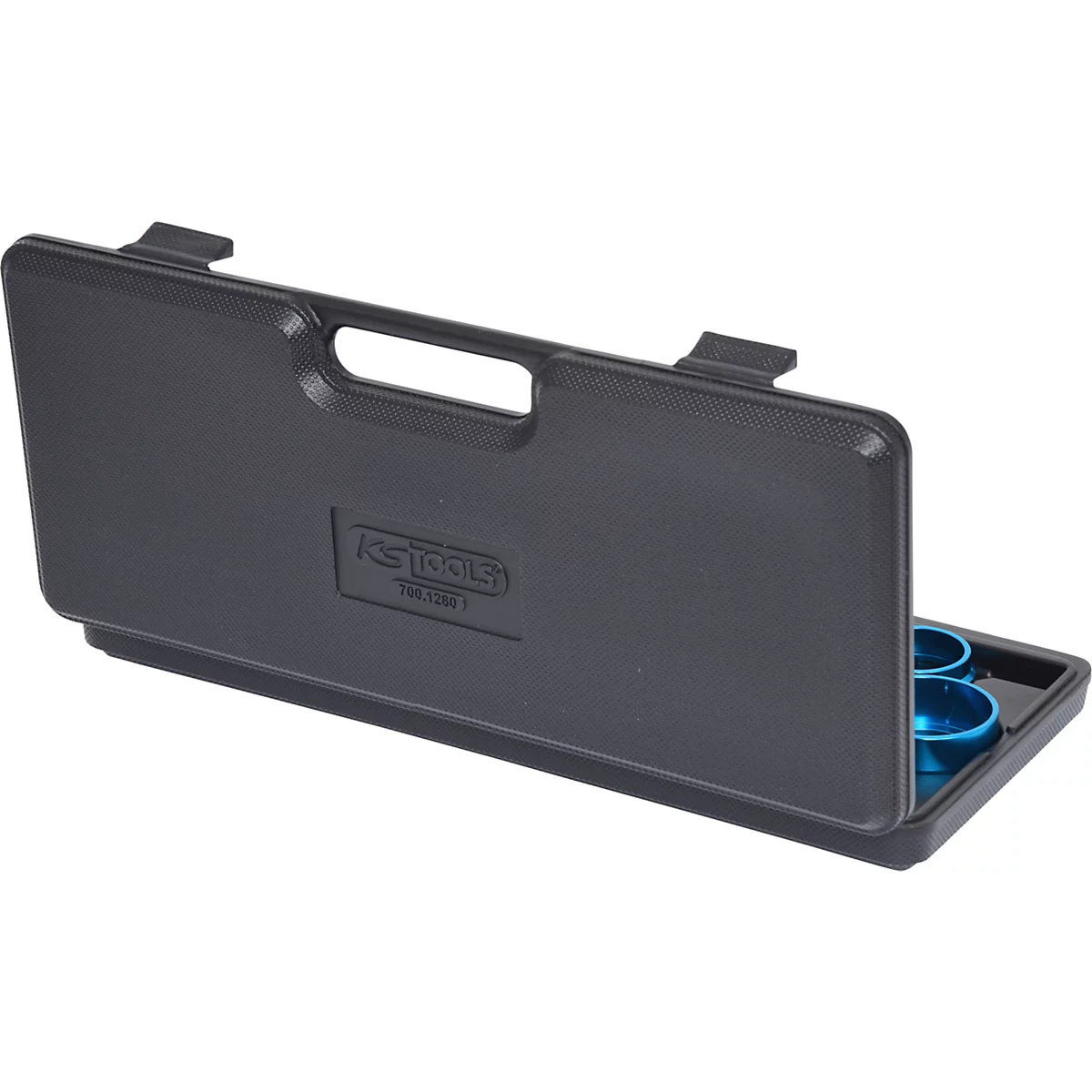 Schwarzer Werkzeugkoffer, geöffnet, mit blauem Werkzeug. Der Koffer hat einen Griff und das KS Tools Logo.