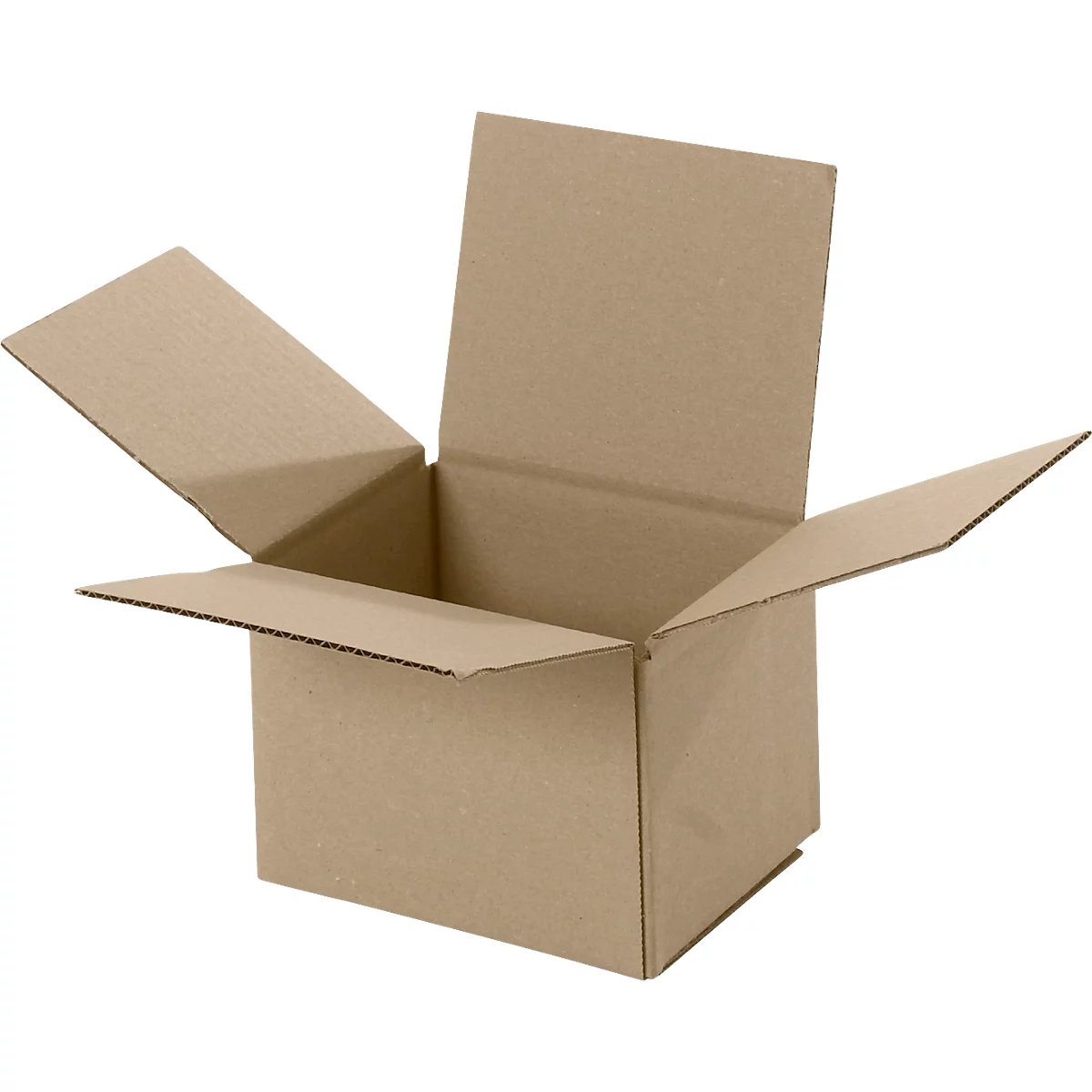 Geöffnete braune Kartonbox mit hochgeklappten Deckelklappen.