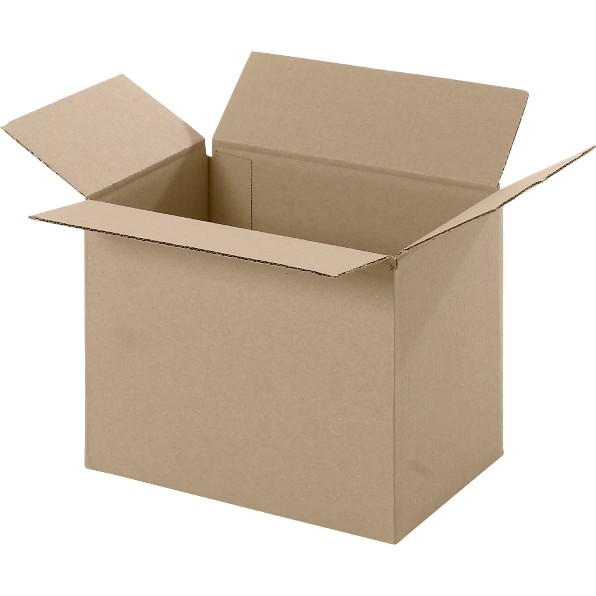 Geöffnete braune Kartonbox, Ansicht von vorne.