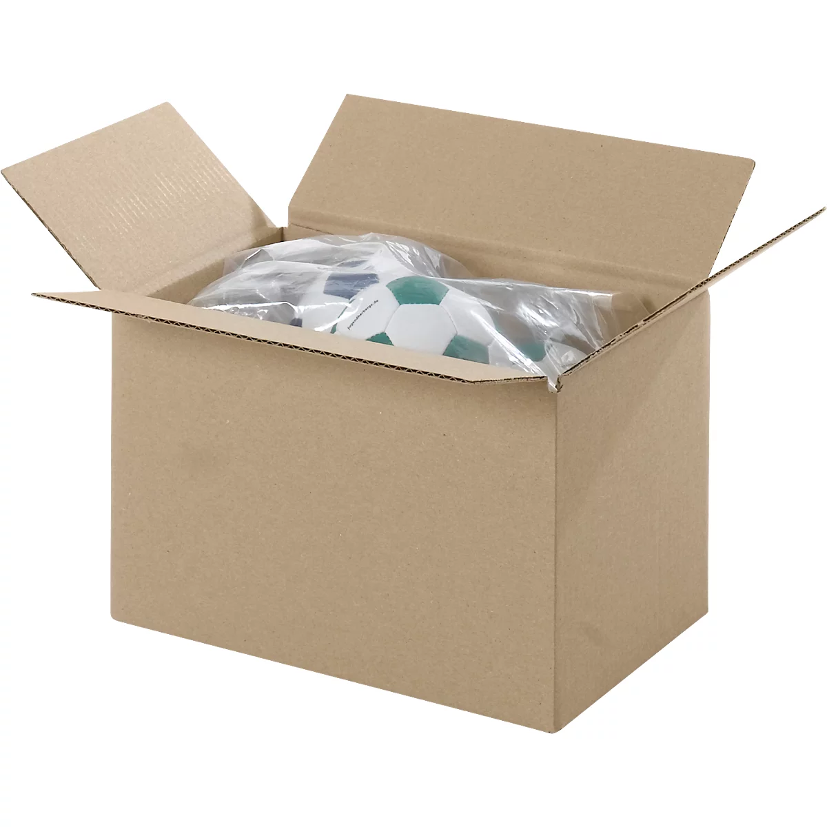 Geöffnete braune Pappschachtel mit einem Fussball und anderen Gegenständen in Plastikverpackung.