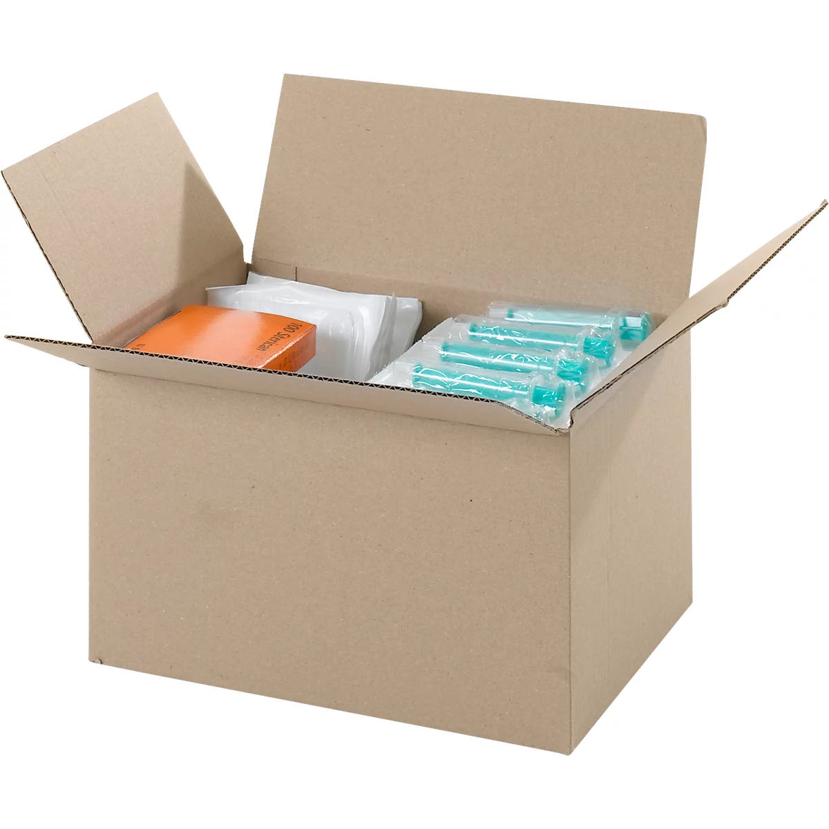 Offener Karton mit medizinischem Inhalt. Enthält Verpackungen, Spritzen und weiteres medizinisches Zubehör.