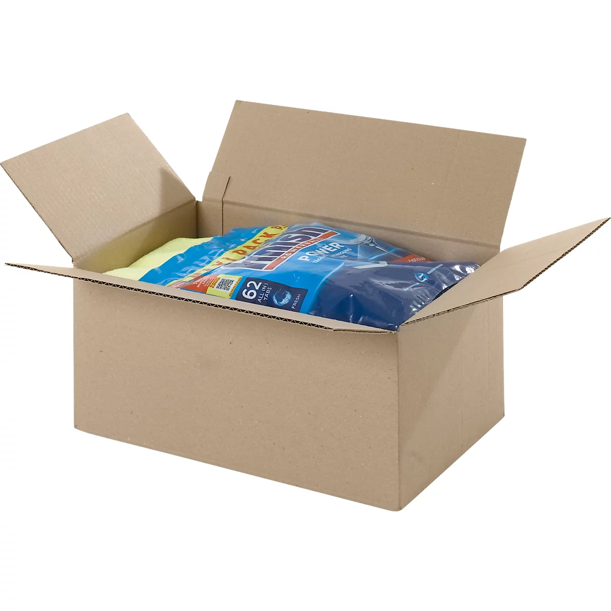 Offener Pappkarton mit Produkten verpackt in Plastikfolie.