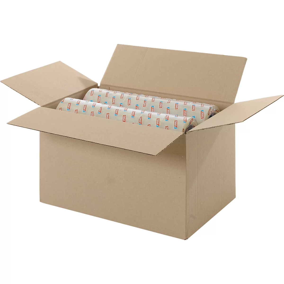 Offener Pappkarton mit zwei gerollten Papierrollen mit bunten Mustern.