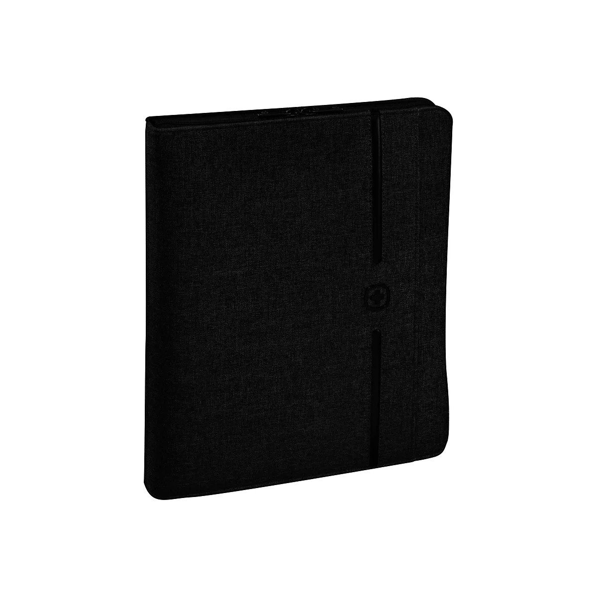 Schwarzes Notizbuch mit Stoffoberfläche. Ein Gummiband und ein Logo zieren die Vorderseite. Das Buch ist hochkant abgebildet.