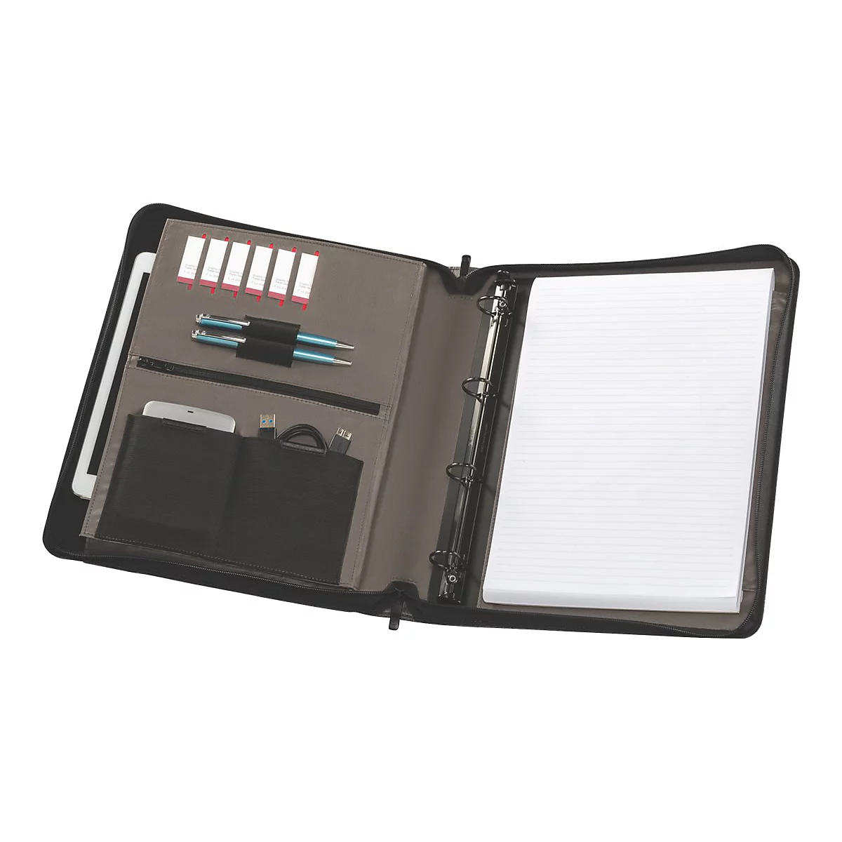 Geöffnete schwarze Aktenmappe. Sie enthält einen Tablet-PC, Stifte, Visitenkarten, Notizpapier, ein Smartphone und Kabel.