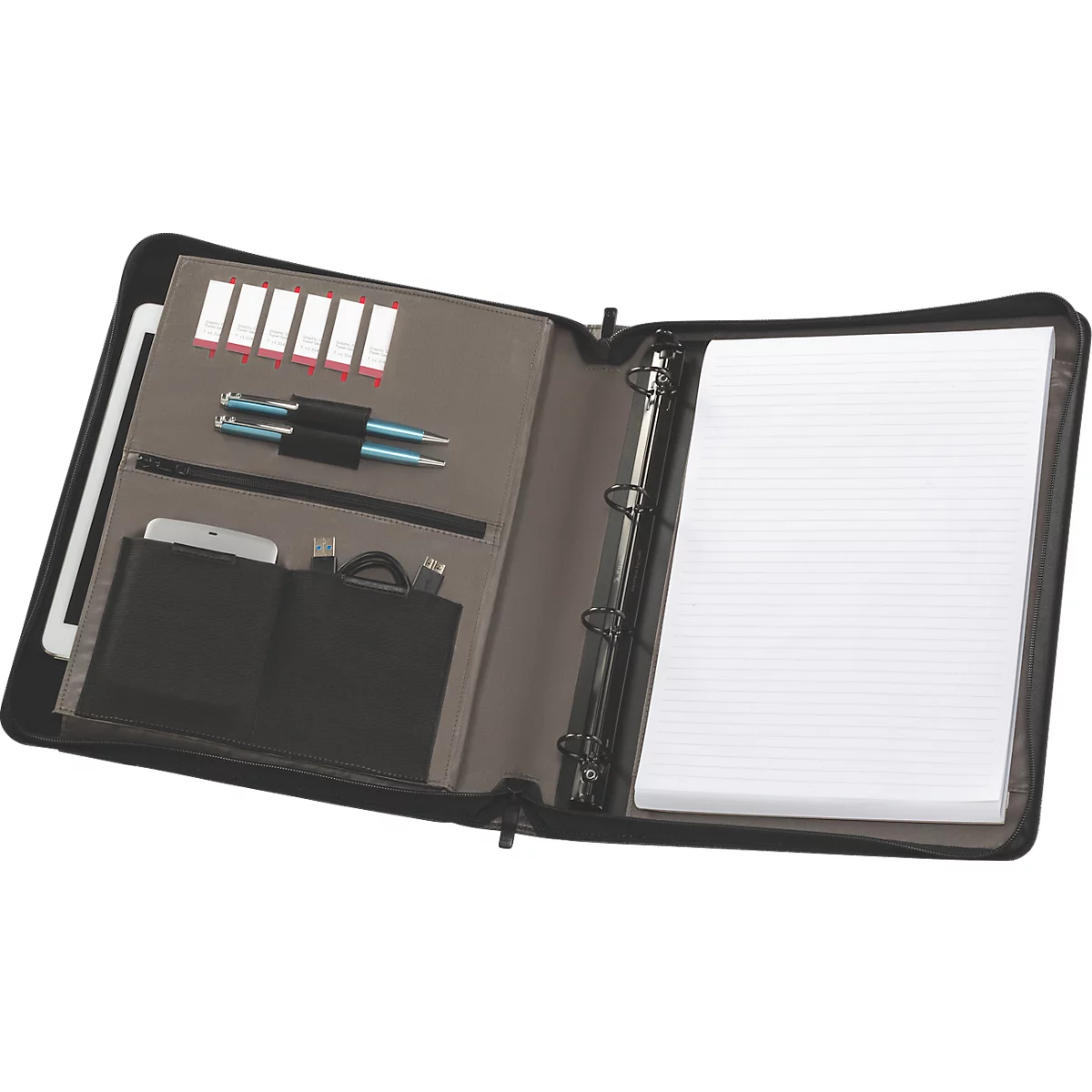Open black leather portfolio with tablet, pens, notepad, pen holder, USB cable, and card slots.