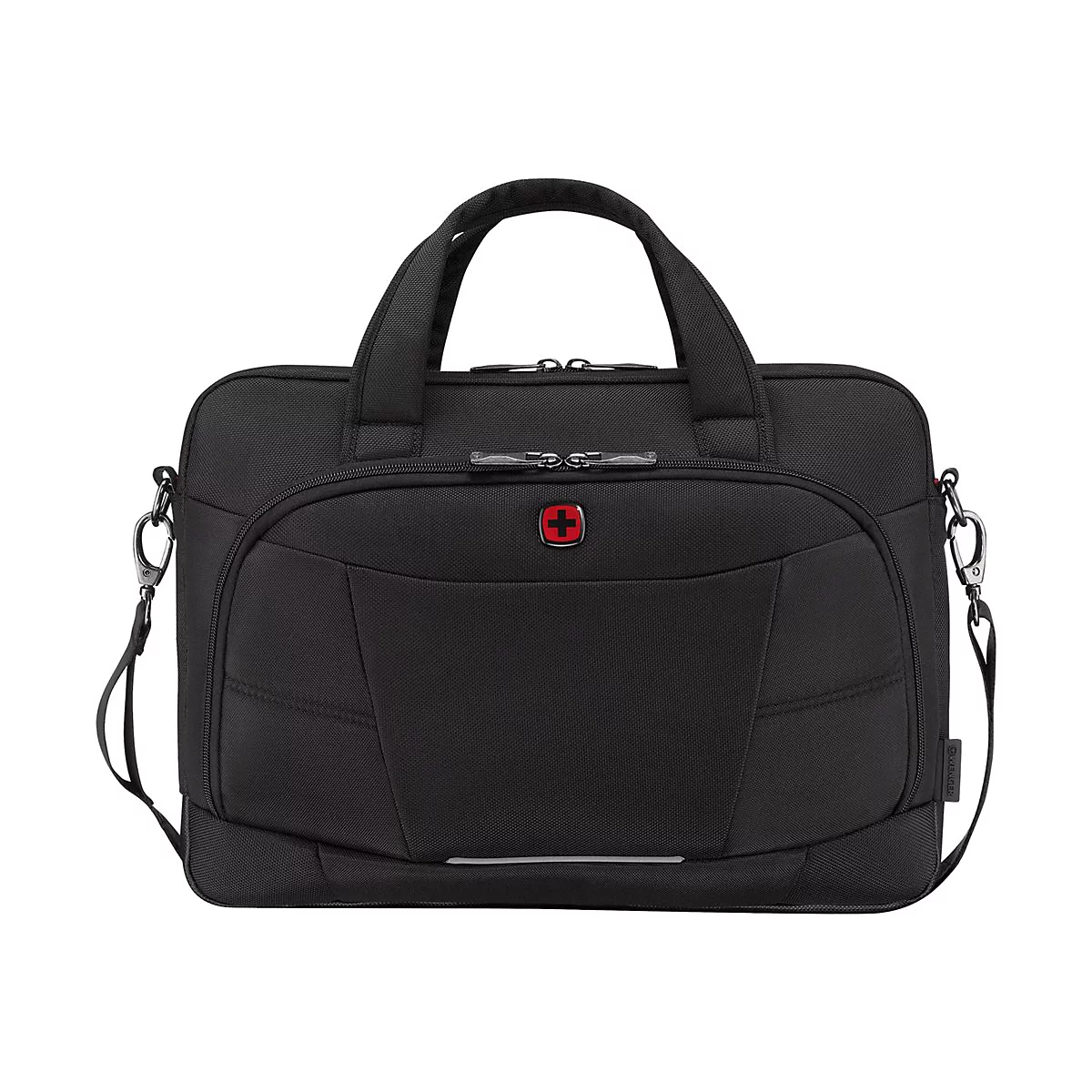 Schwarze Laptoptasche mit Tragegriff und Schulterriemen, rotes Kreuz auf der Vorderseite.
