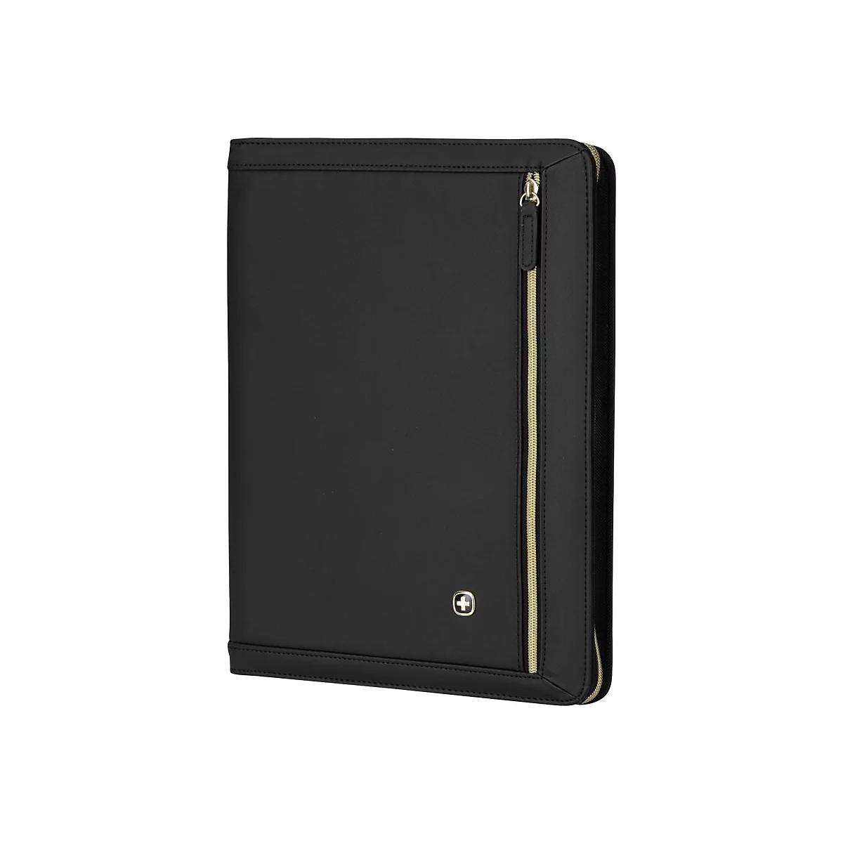 Schwarzes Leder-Dokumentenmappe mit Reißverschluss und goldfarbenen Details, Schweizer Kreuz Logo.