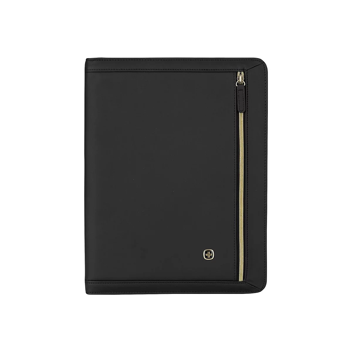 Schwarze Aktenmappe mit goldfarbenem Reißverschluss und Schweizer Kreuz.