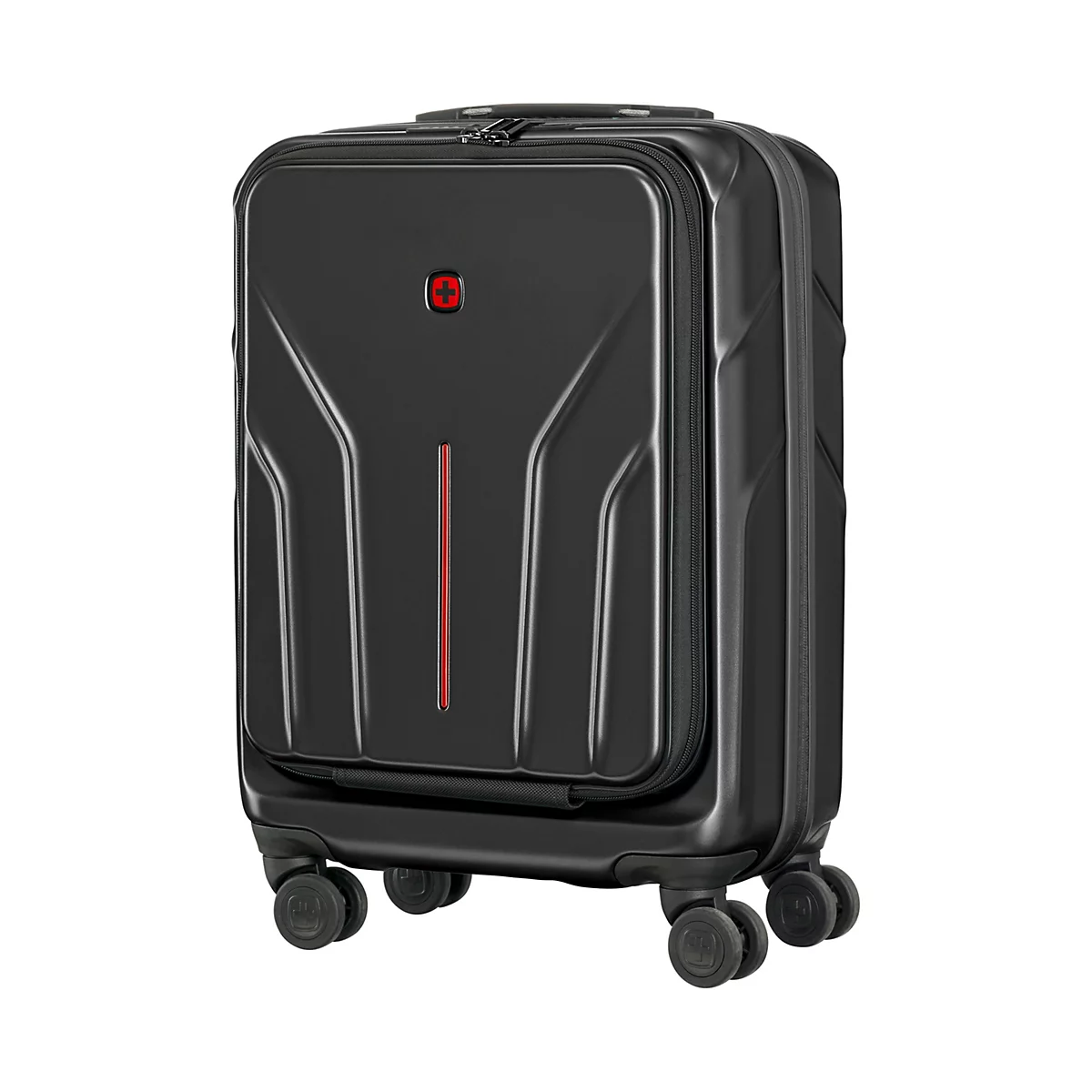 Schwarzer Koffer mit rotem Streifen und Swiss Logo. Auf weißem Hintergrund. Der Koffer hat 4 Rollen.