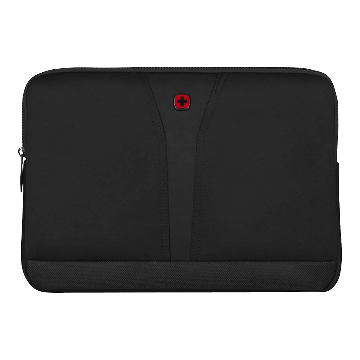 Schwarze Laptoptasche mit rotem Kreuz-Logo. Reißverschluss an der Seite, unterer Teil texturiert.