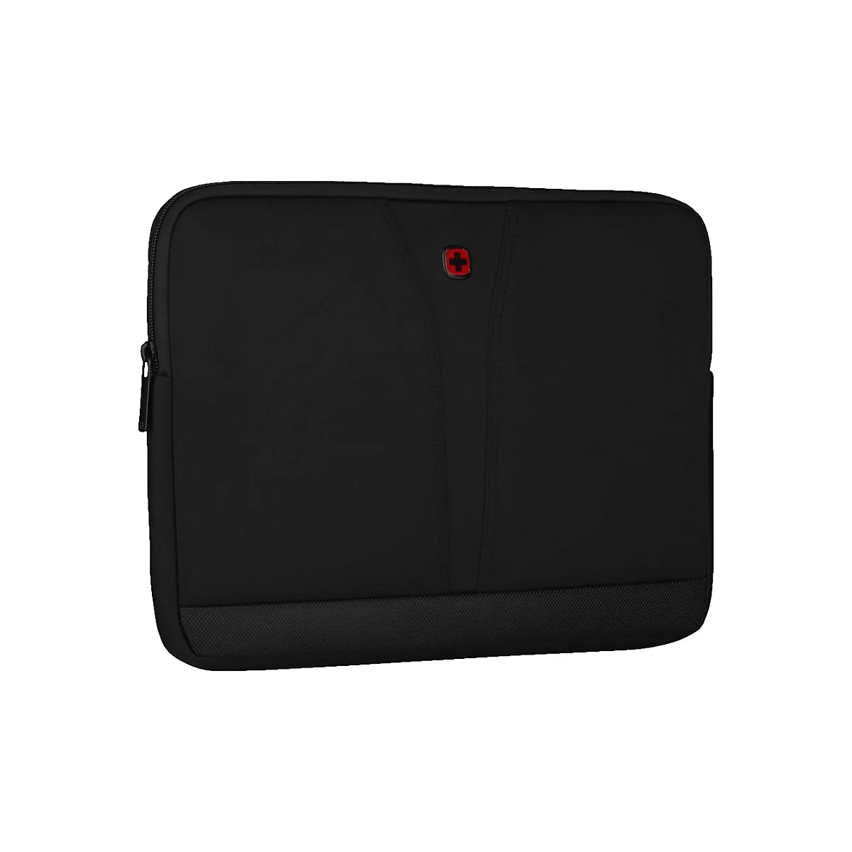 Schwarze Laptoptasche mit rotem Kreuz-Logo. Die Tasche hat einen Reißverschluss und eine untere Strukturierung.