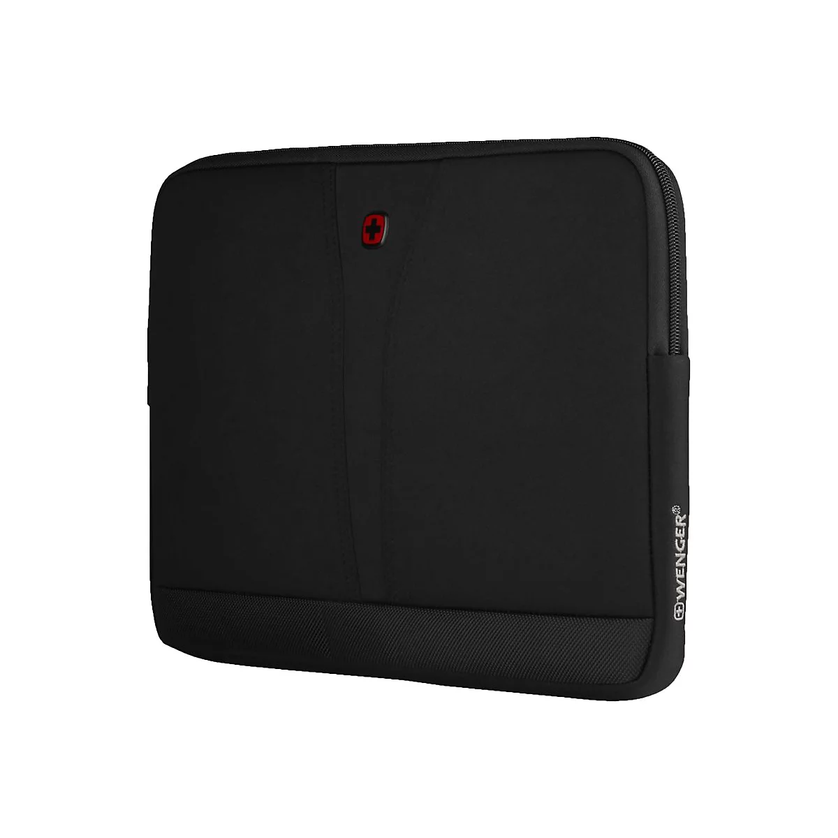 Schwarze Laptoptasche mit Reißverschluss. Auf der Tasche ist ein rotes Schweizer Kreuz abgebildet.