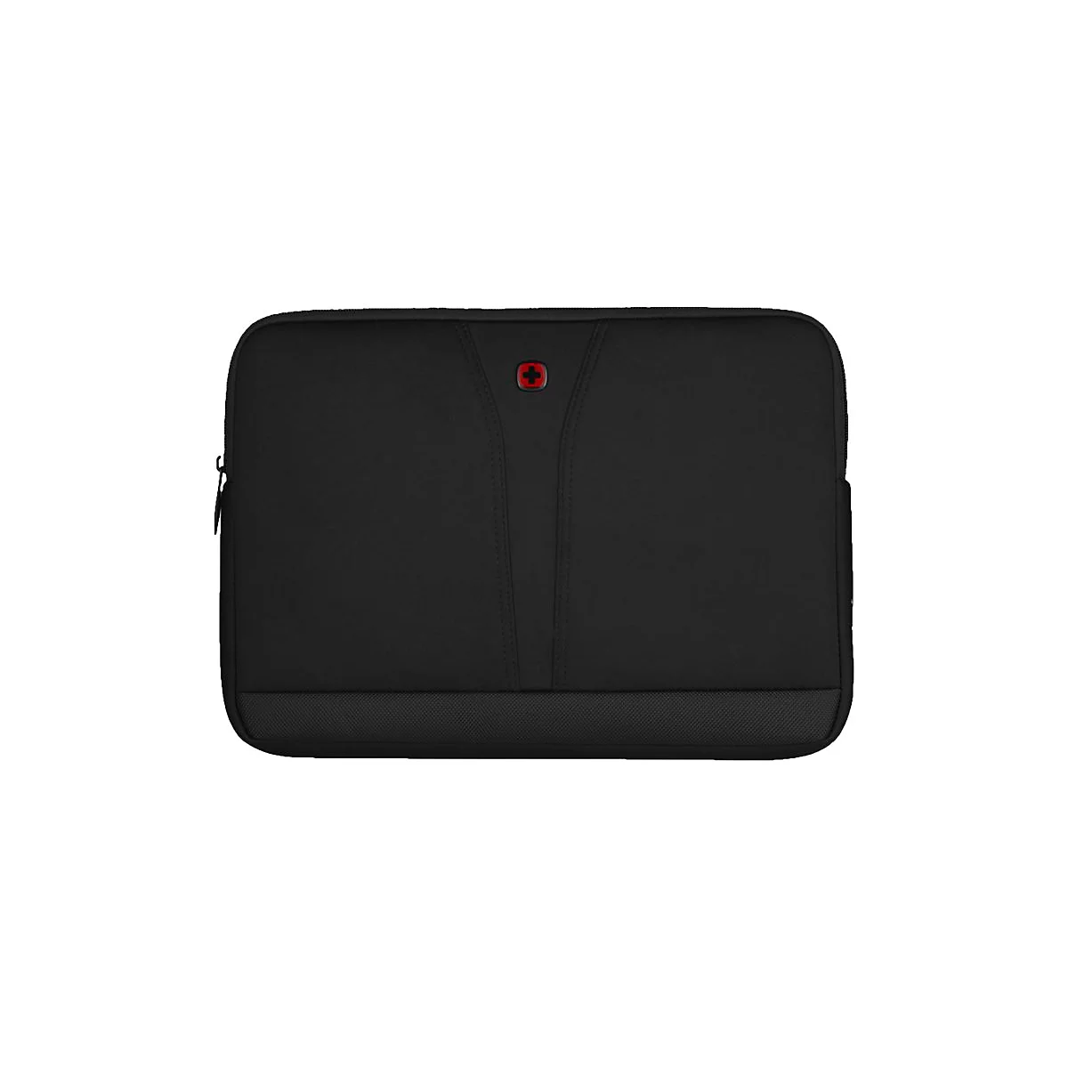 Schwarze Laptoptasche mit rotem Kreuz-Logo. Reißverschluss an der Seite, unterhalb strukturiertes Material.