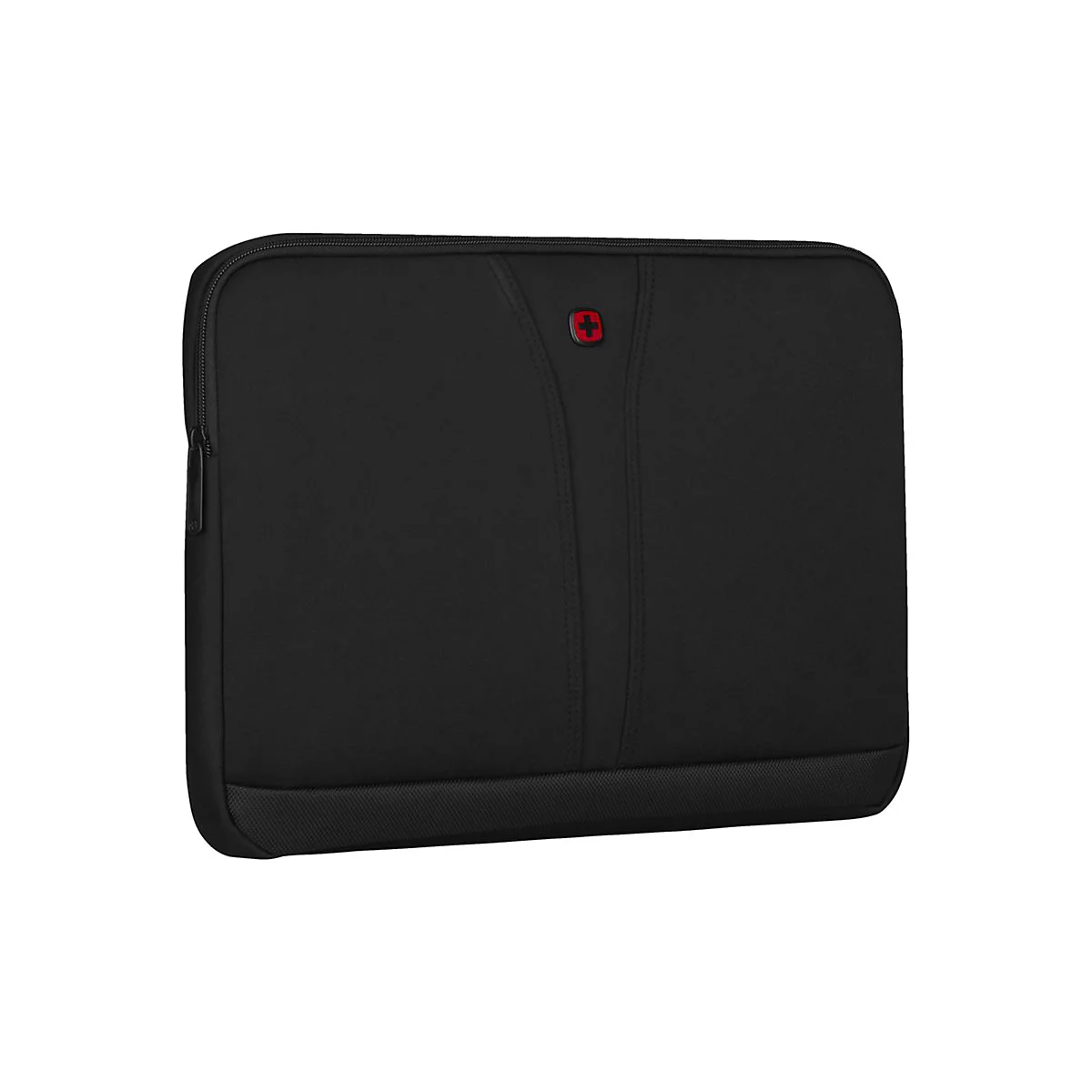 Schwarze Laptoptasche mit rotem Logo.
