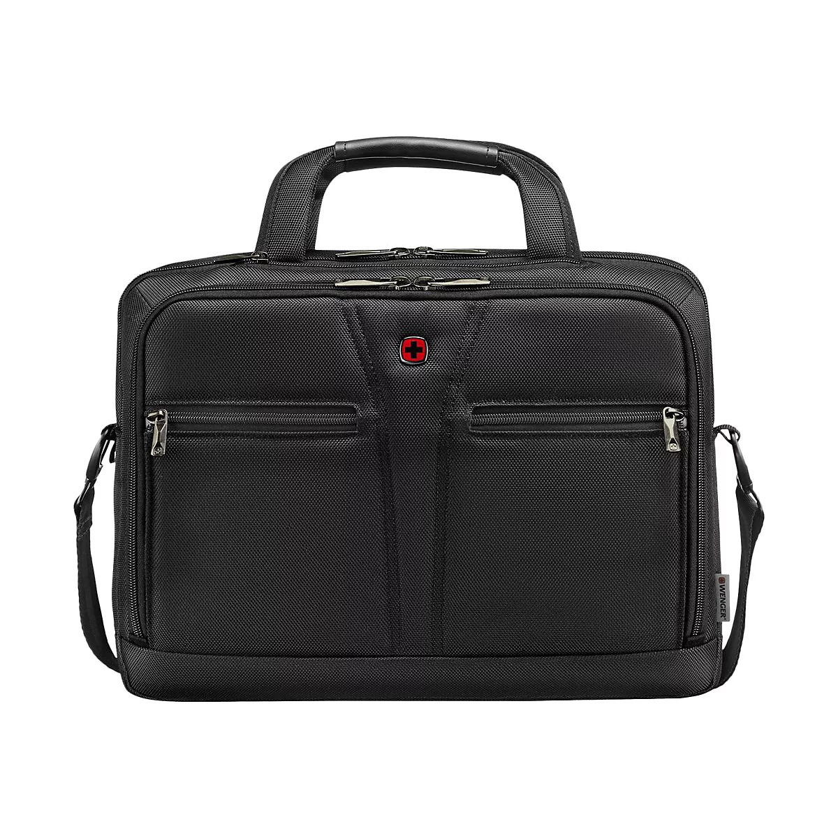 Schwarze Laptoptasche mit Tragegriff und Schulterriemen, Wenger-Logo.