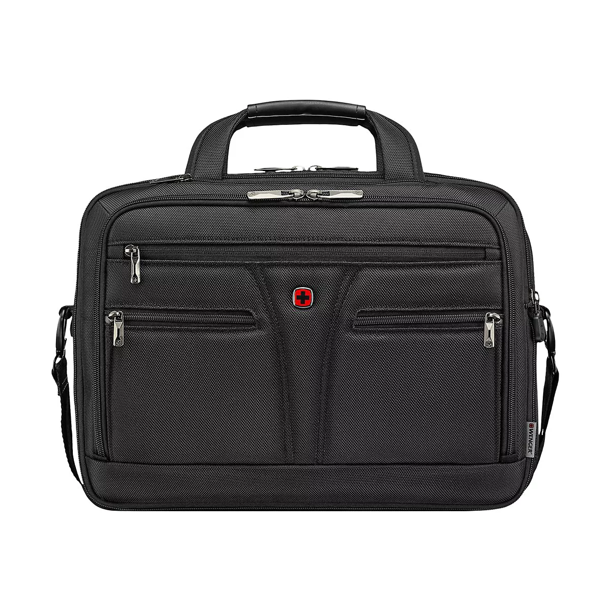Schwarze Aktentasche mit mehreren Reißverschlusstaschen, Griff und Schweizer Kreuz Logo. Aufschrift: Wenger.