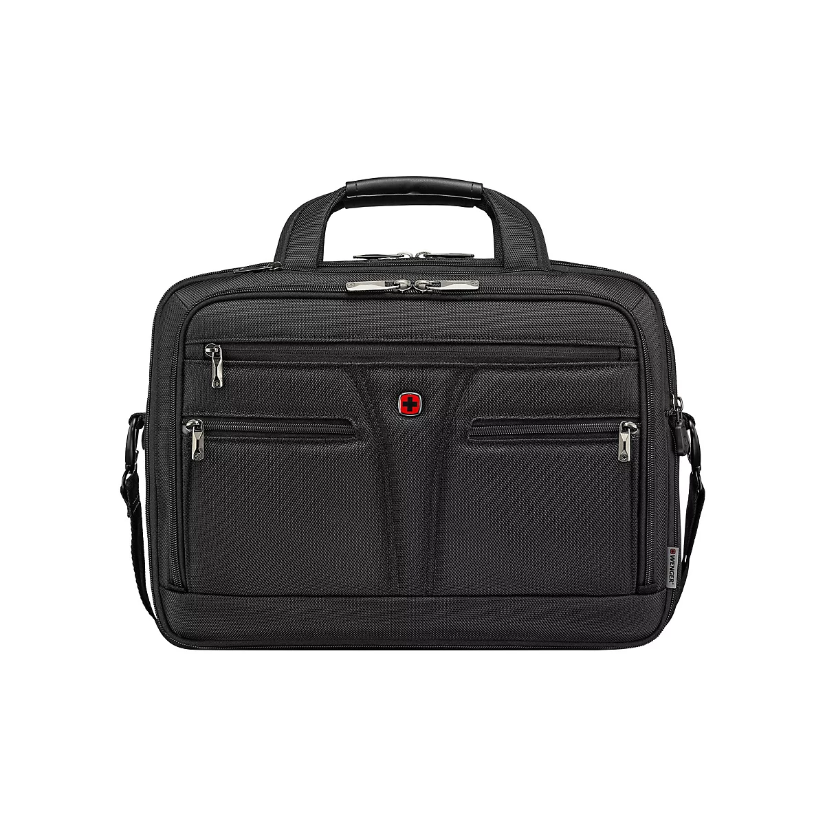 Schwarze Aktentasche von Wenger mit Griff, Reißverschlüssen und rotem Kreuz auf weißem Hintergrund.